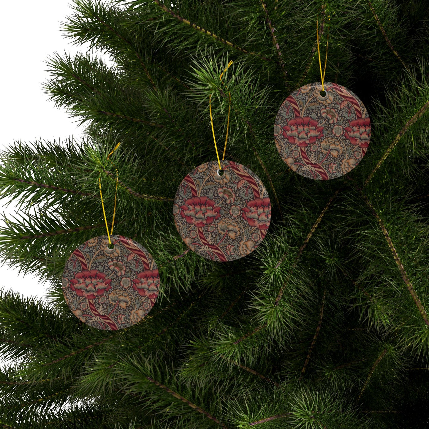 Ceramic Christmas Ornaments inspired by William Morris - Wandle Collection (Red) - Double Sided Print: 1pc, 3pcs, 5pcs, 10pcs