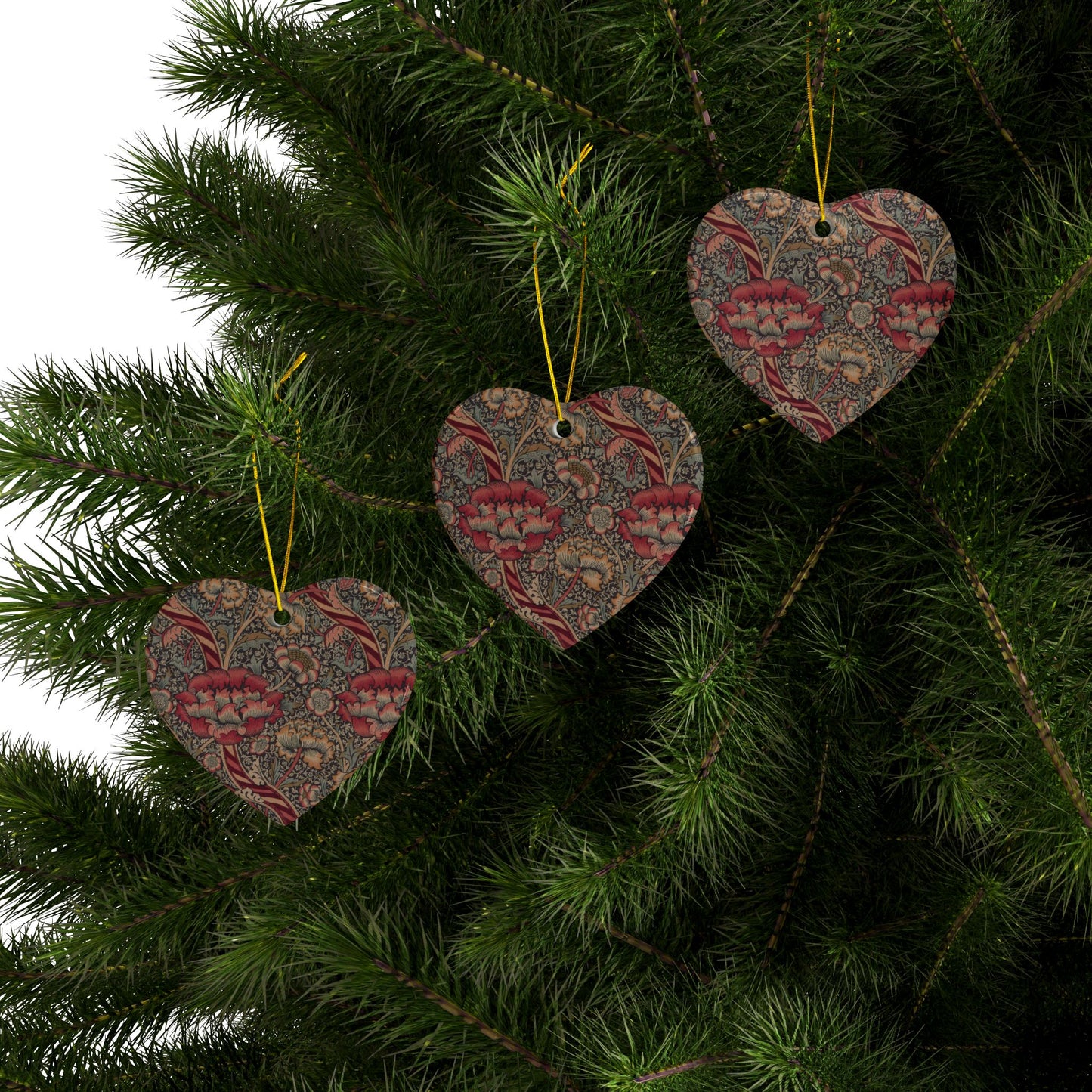 Ceramic Christmas Ornaments inspired by William Morris - Wandle Collection (Red) - Double Sided Print: 1pc, 3pcs, 5pcs, 10pcs
