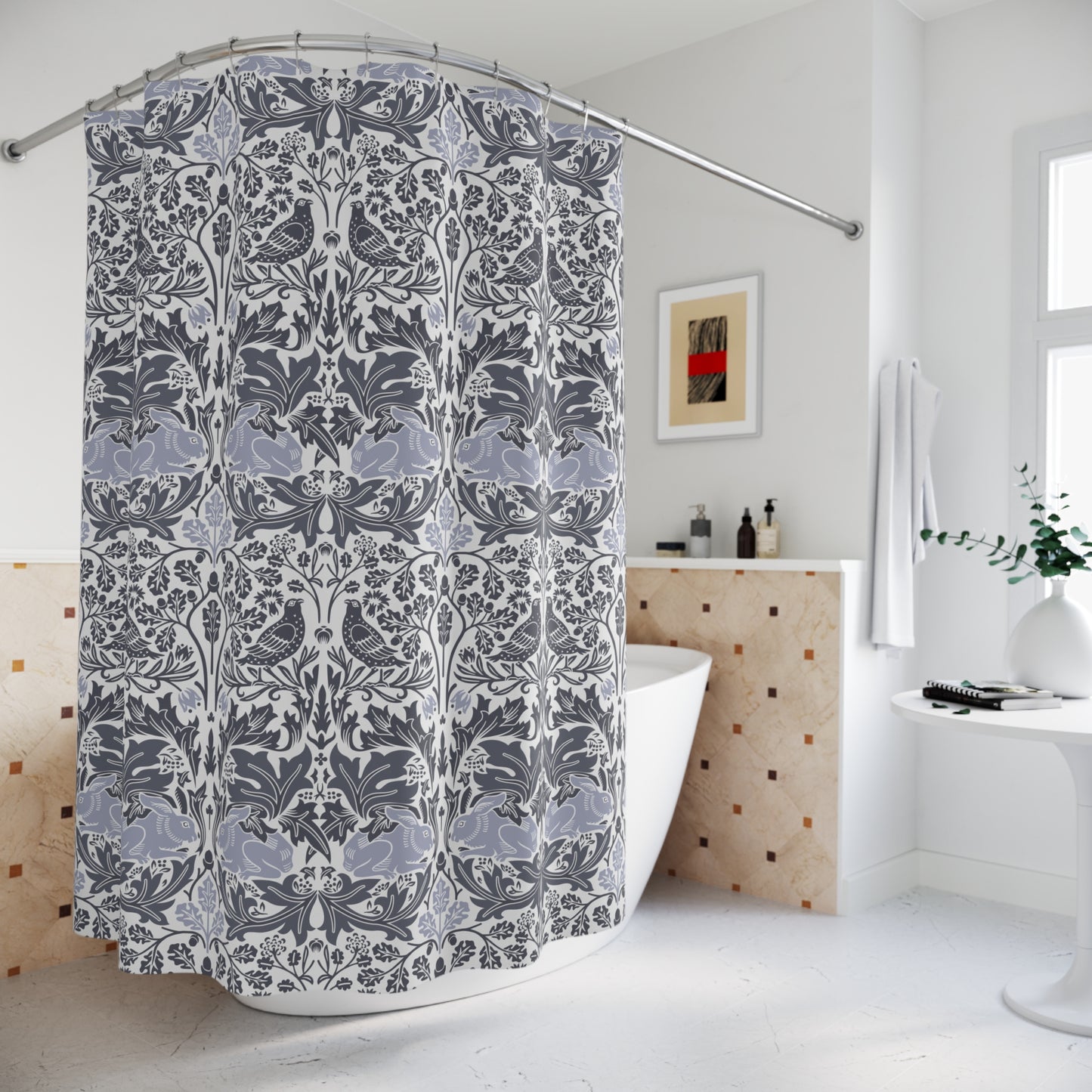 Patterned shower curtain in a bathroom setting with a bathtub and decor.