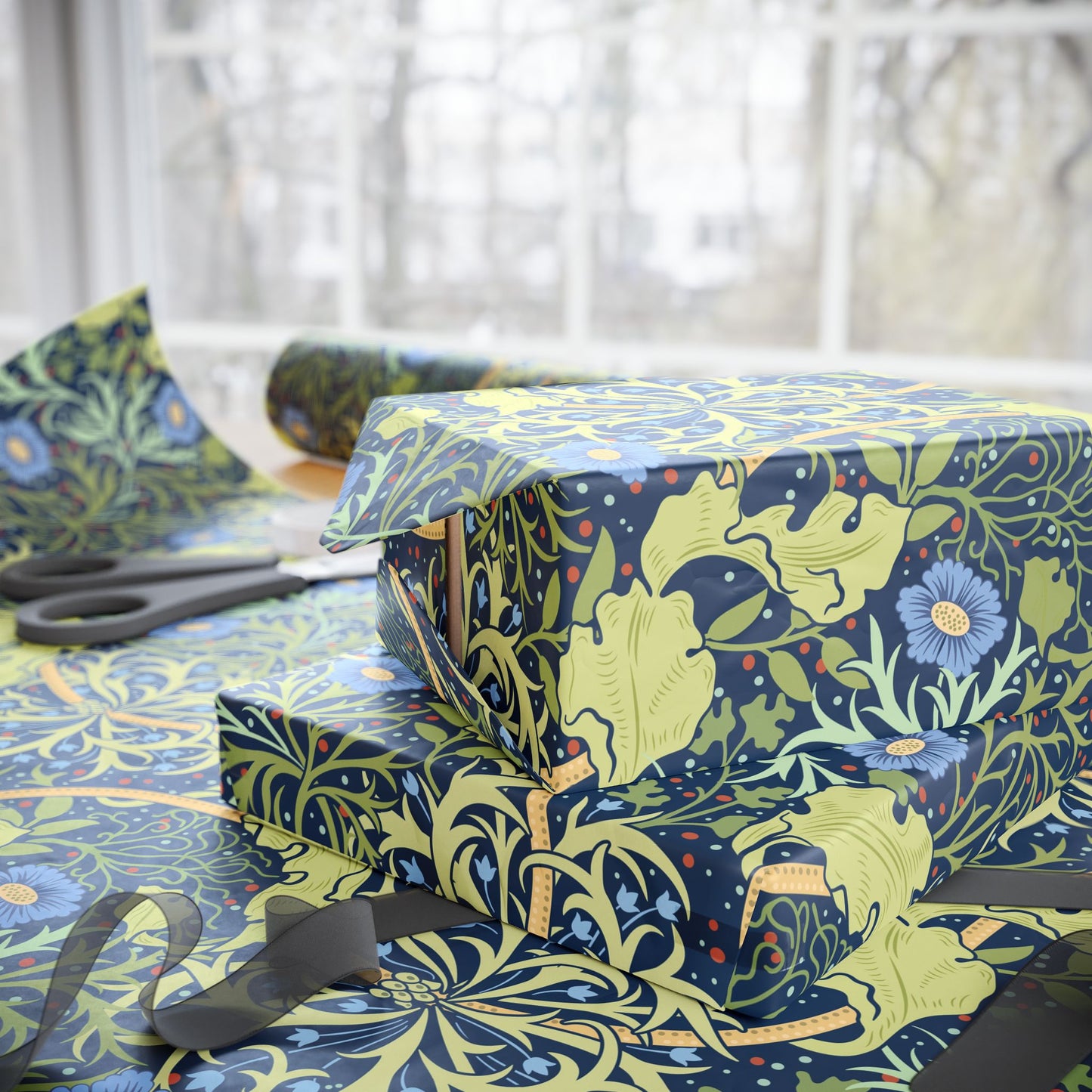 Gift Wrapping Paper inspired by William Morris - Seaweed Collection (Blue Flower)