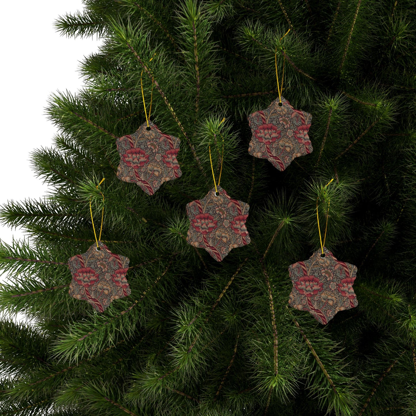 Ceramic Christmas Ornaments inspired by William Morris - Wandle Collection (Red) - Double Sided Print: 1pc, 3pcs, 5pcs, 10pcs