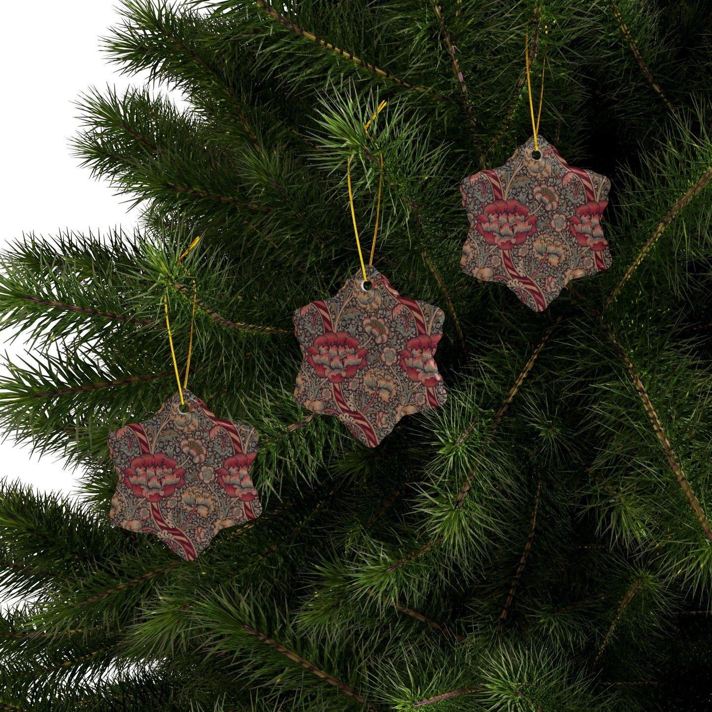 Ceramic Christmas Ornaments inspired by William Morris - Wandle Collection (Red) - Double Sided Print: 1pc, 3pcs, 5pcs, 10pcs