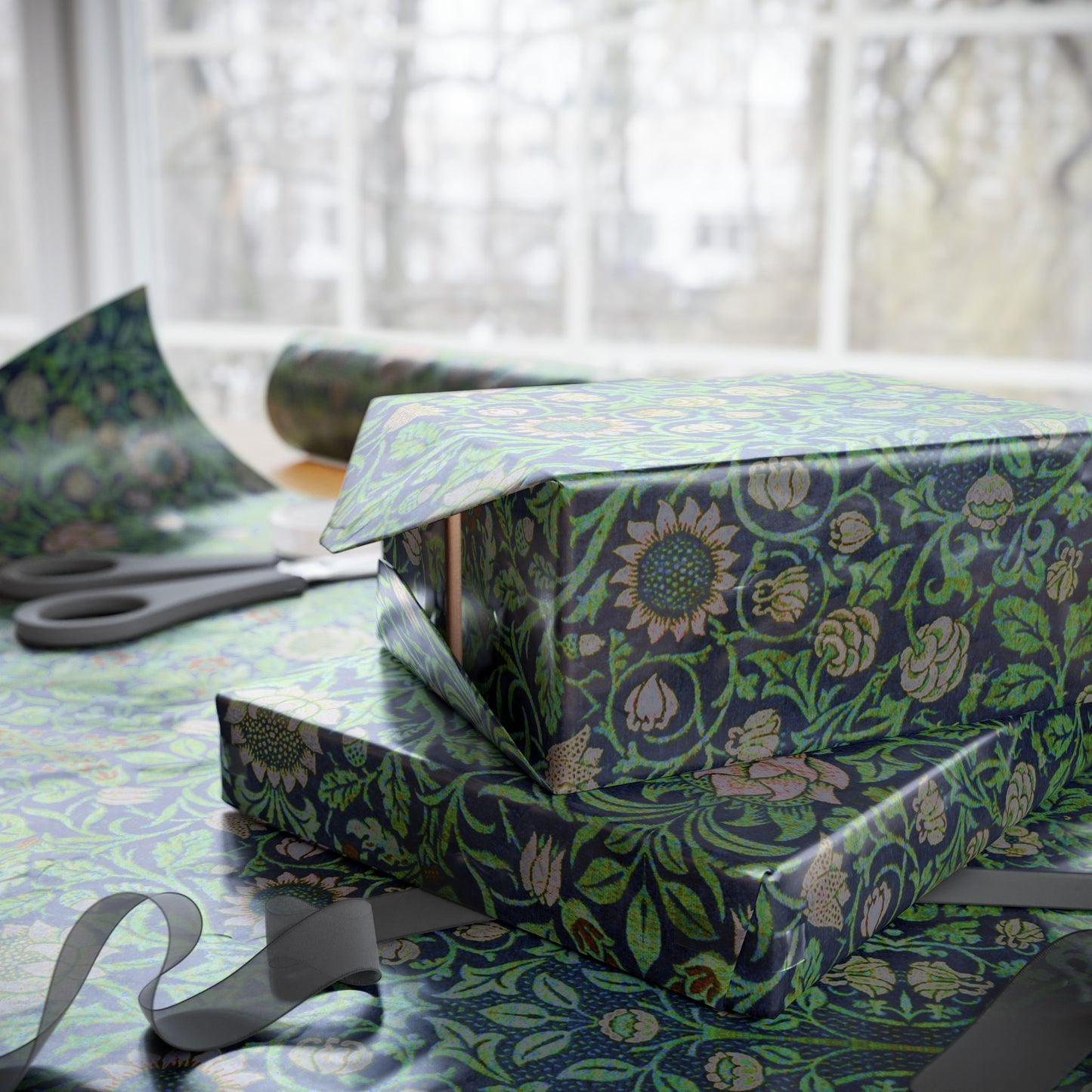Gift Wrapping Paper inspired by William Morris - Violet & Columbine Collection (Green)