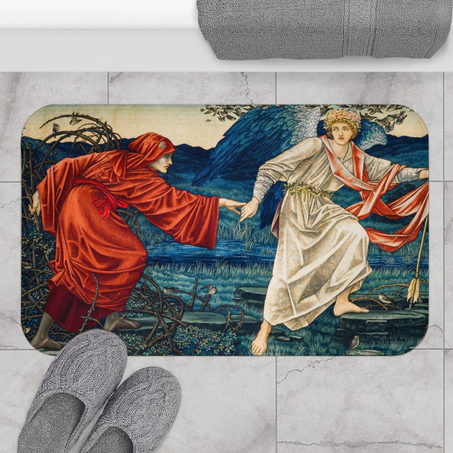 A microfibre bath mat with a historical artwork depicting two figures in a landscape from Edward Burne-Jones.