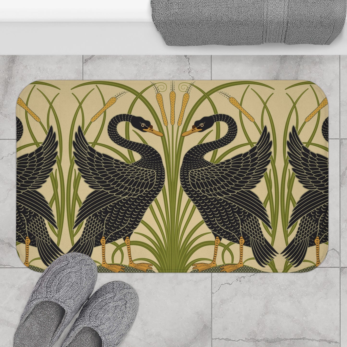 Microfibre bath mat with a floral and black swan pattern on a beige background.