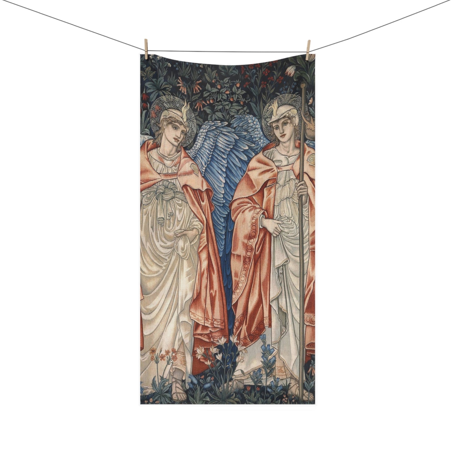 A rectangular bath towel hanging from a clothesline with two wooden clips, featuring an Art Nouveau style illustration of two winged female figures in flowing red and cream robes against a dark blue background with floral details.