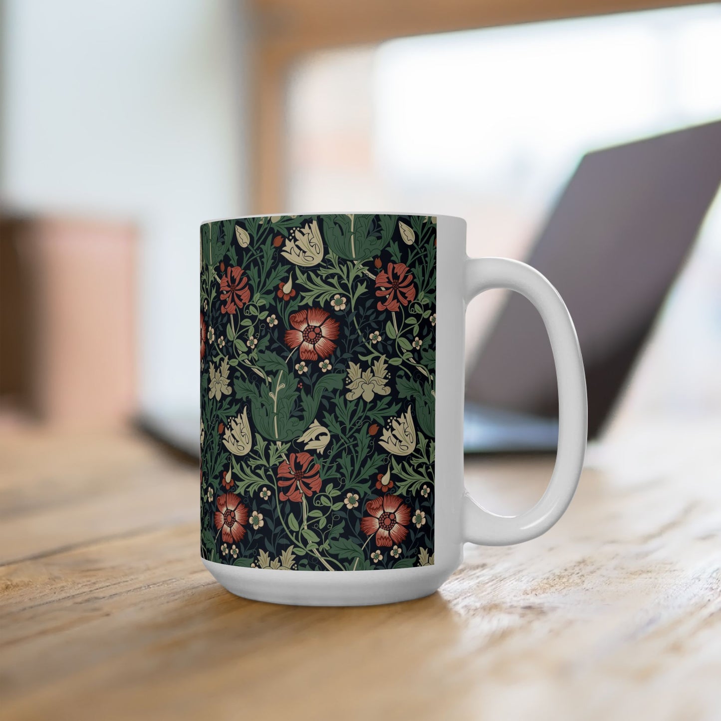 A ceramic mug with a floral pattern inspired by William Morris - Compton Collection (Hill Cottage).