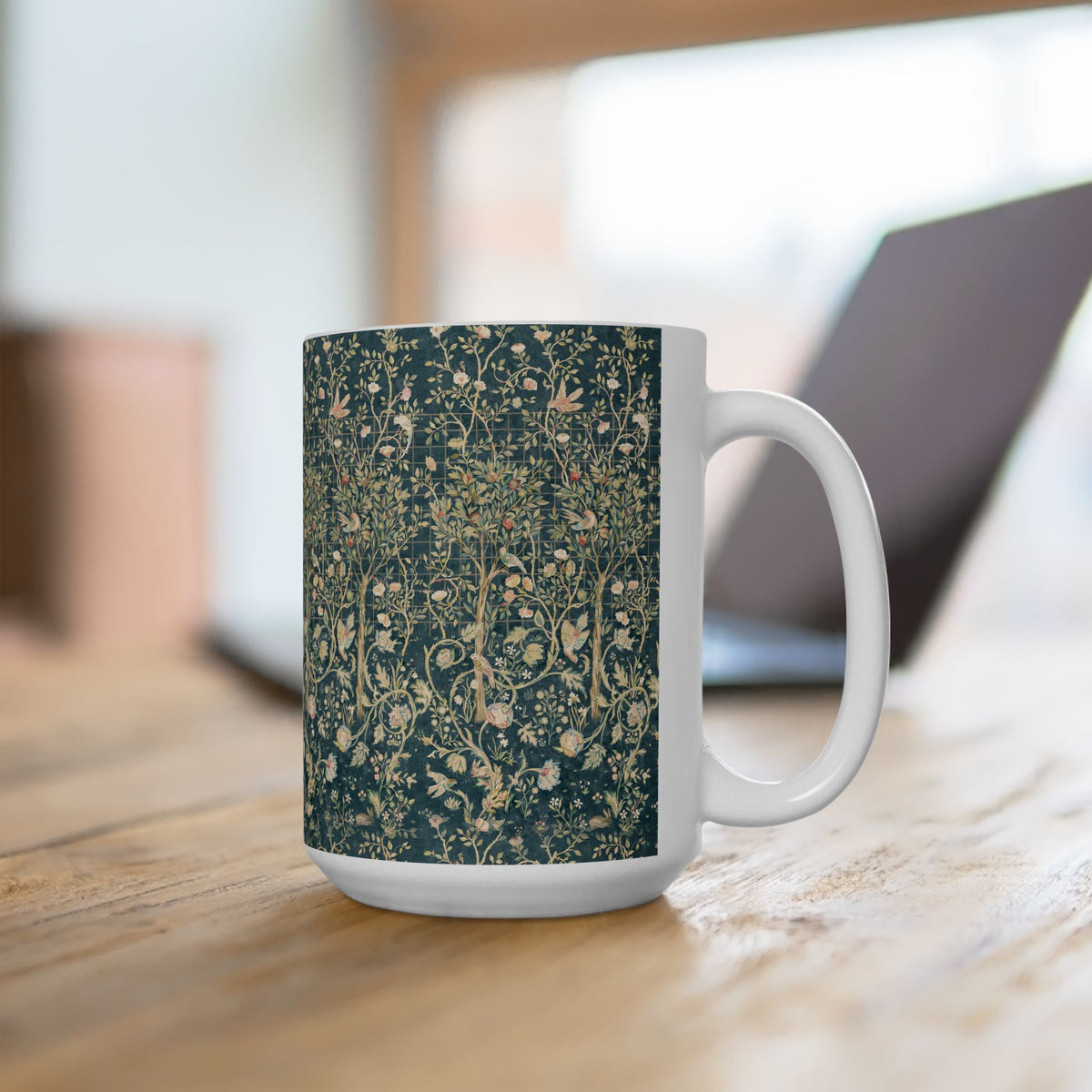 Ceramic Mug designed for William Morris & Co by May Morris in a green floral pattern called Melsetter Collection (Evergreen Teal)