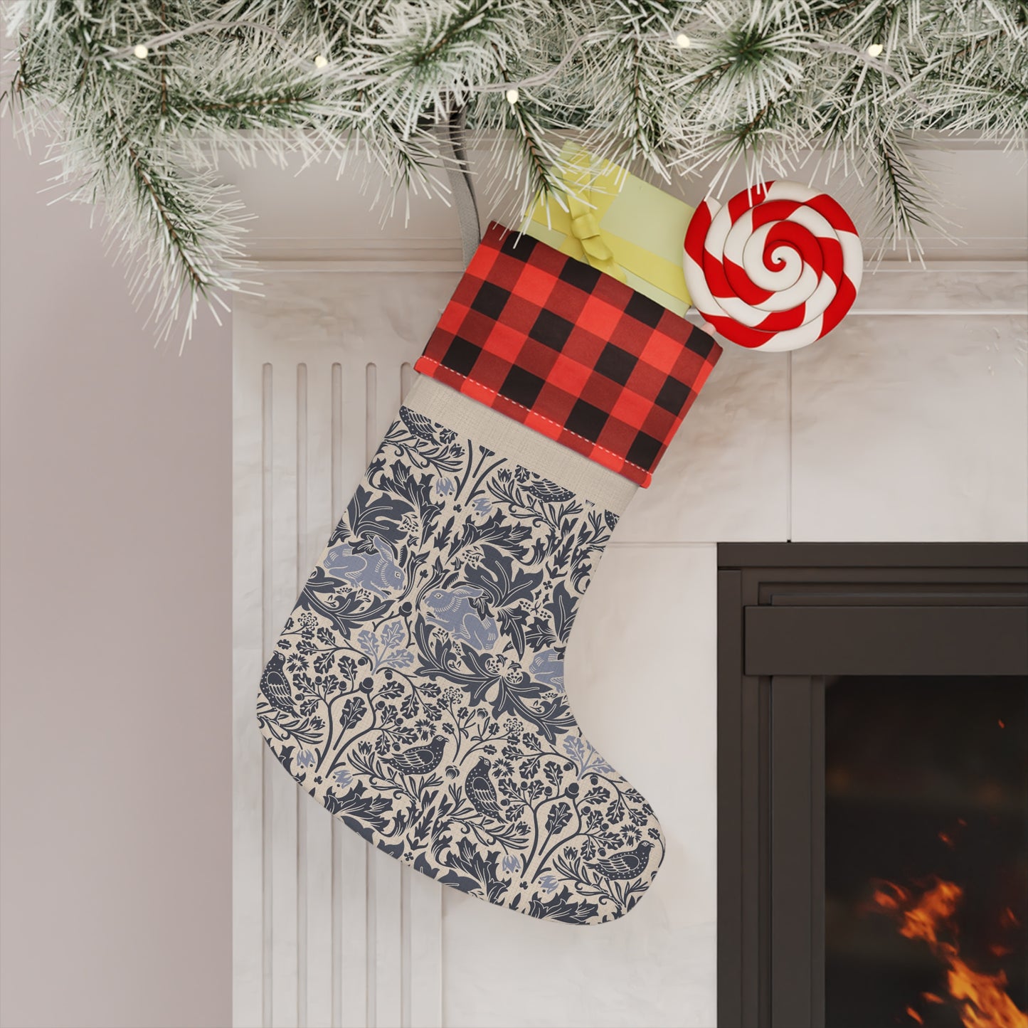 Decorative Christmas stocking hanging by a fireplace with stockings and candy nearby.