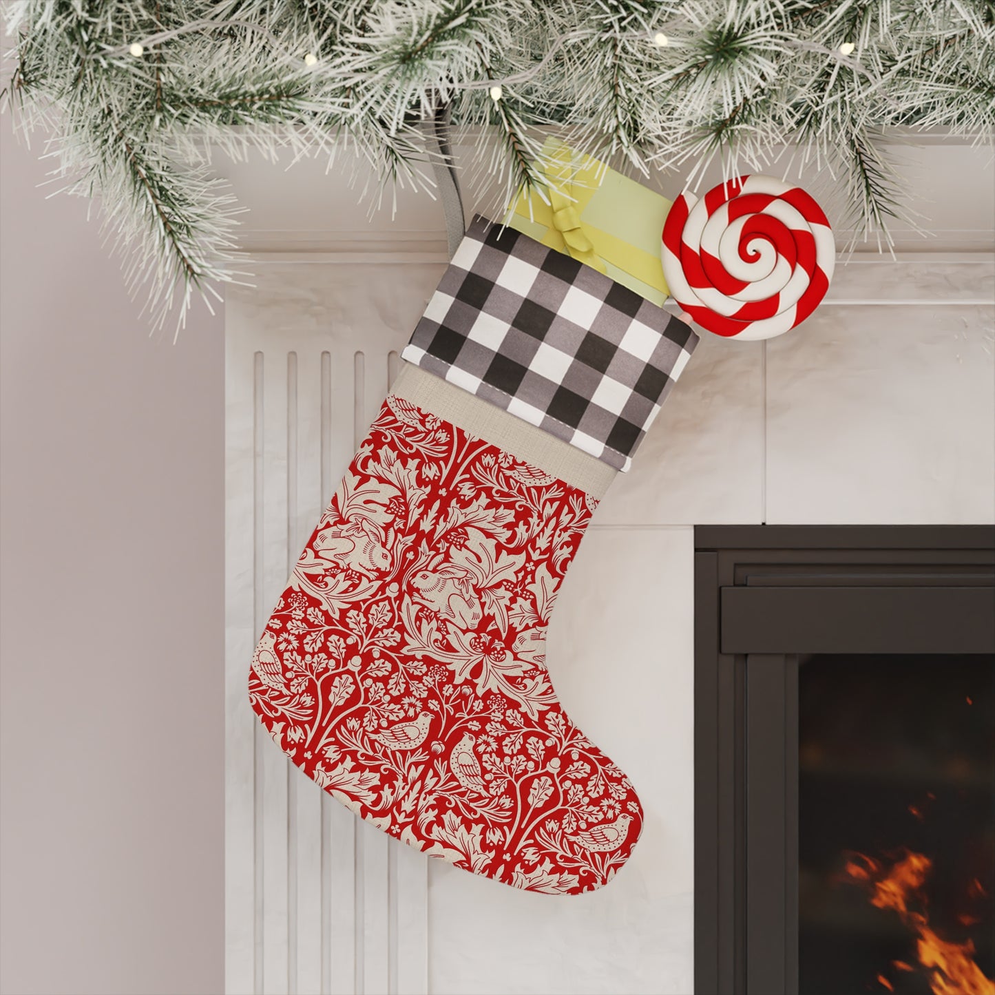Red and white Christmas stocking hanging on a fireplace with decorative elements.