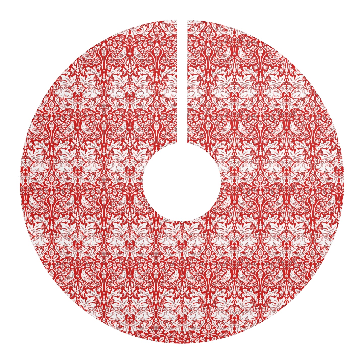 Red and white patterned Christmas tree skirt on a white background