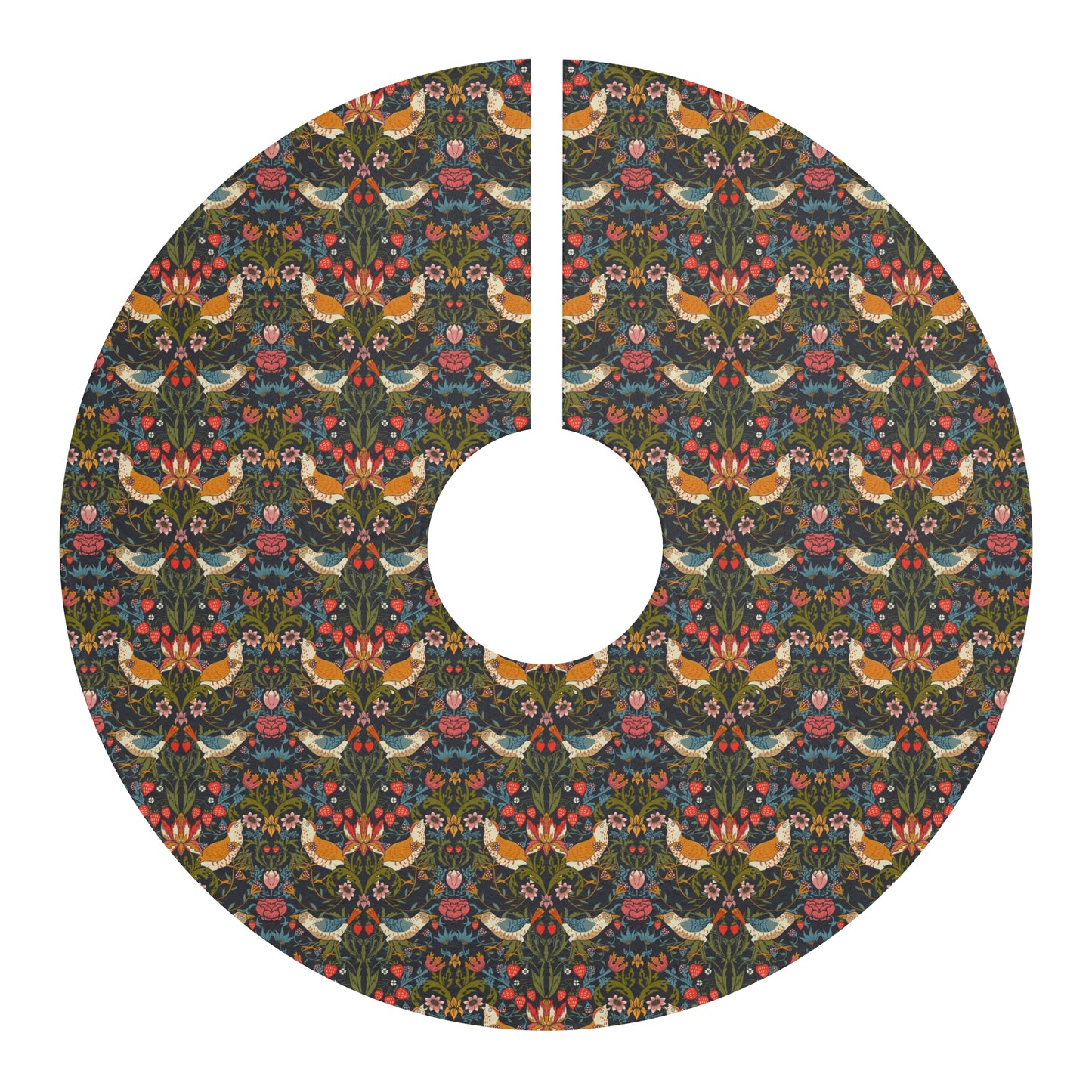 Decorative tree skirt with a floral and bird pattern on a white background