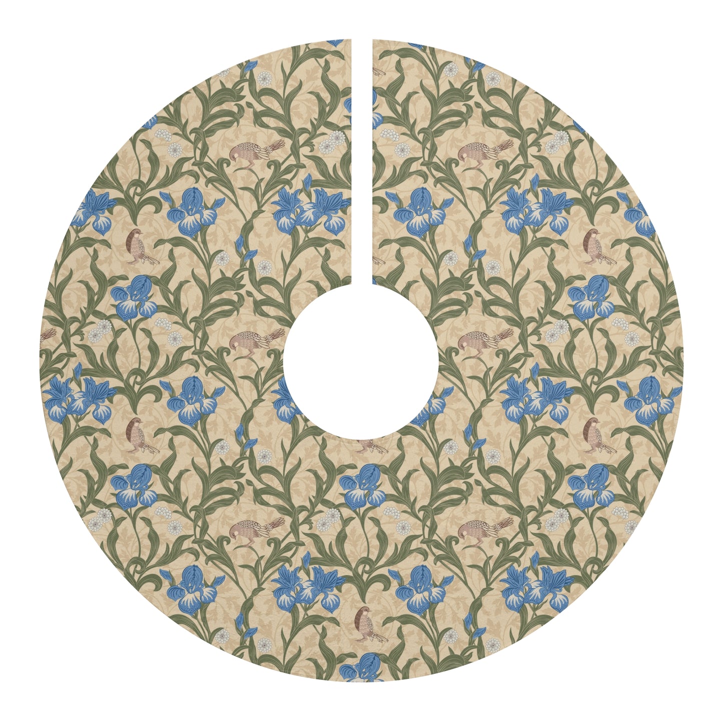 Christmas Tree Skirt by William Morris & Co in a floral pattern called Blue Iris Collection in beige, blue and green