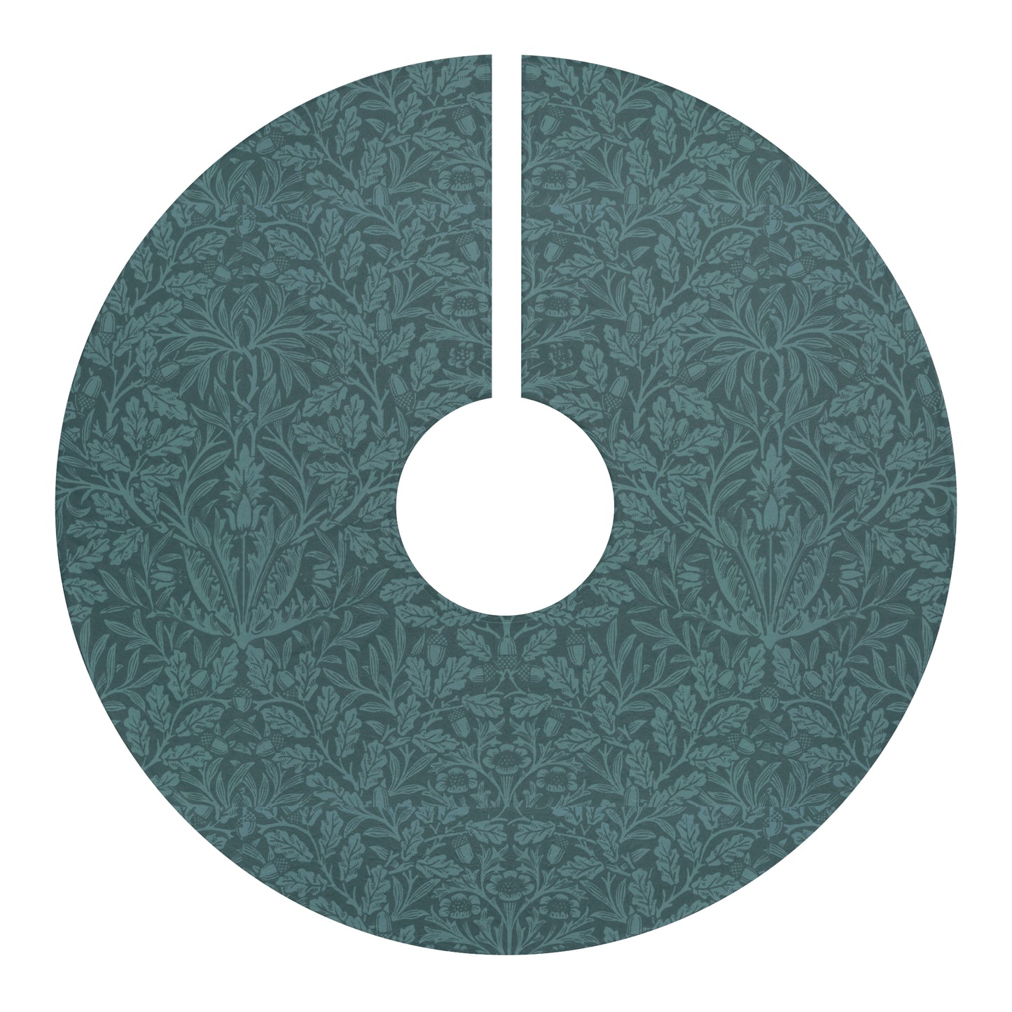 Christmas Tree Skirt by William Morris & Co in a pattern called Acorn & Oak Leaves Collection in a floral teal colour