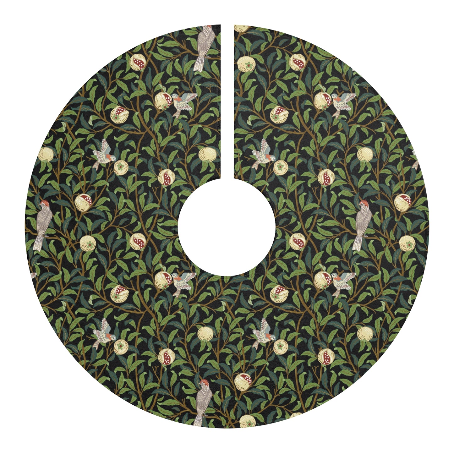Christmas Tree Skirt by William Morris & Co in a pattern called Bird & Pomegranate Collection (Onyx) in floral black, green and beige
