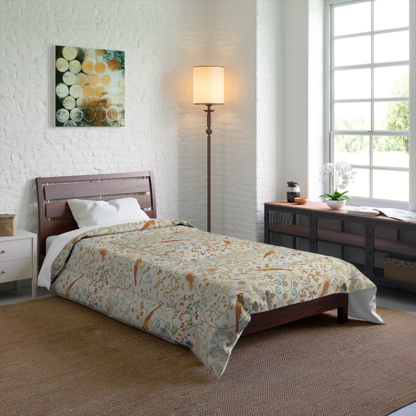 Bedroom with floral comforter, wooden headboard, and decorative elements.