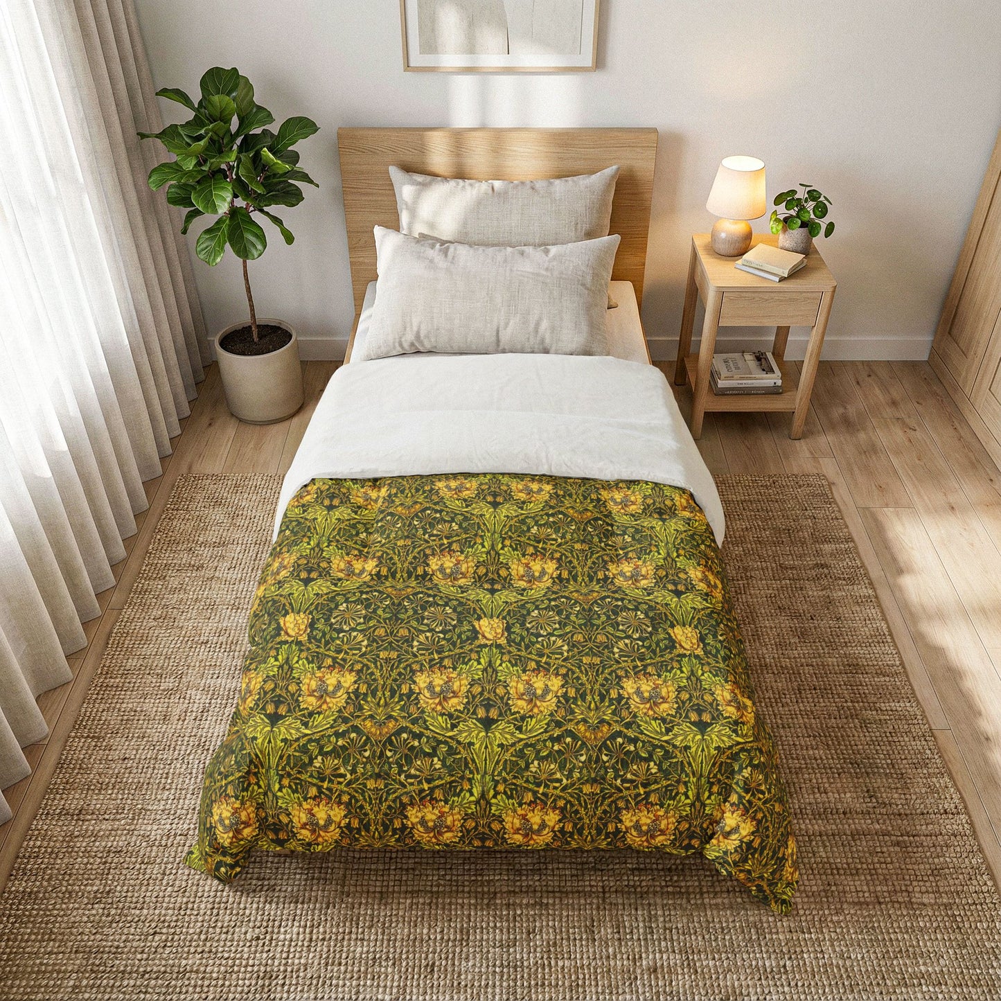 Bedroom with a bed covered in a green and yellow patterned duvet, nightstand, and plant.