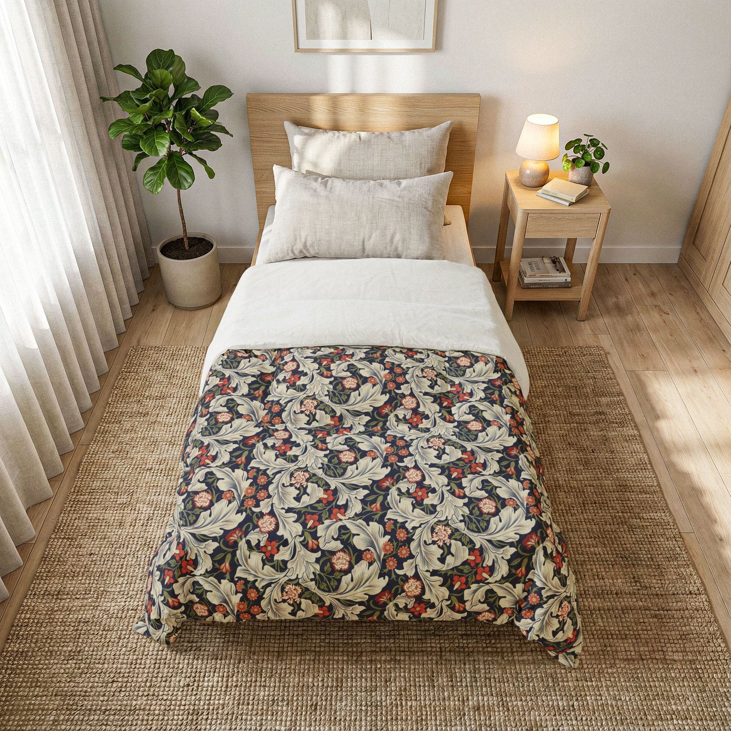 Bedroom with floral-patterned comforter on a bed, nightstand, and plant.
