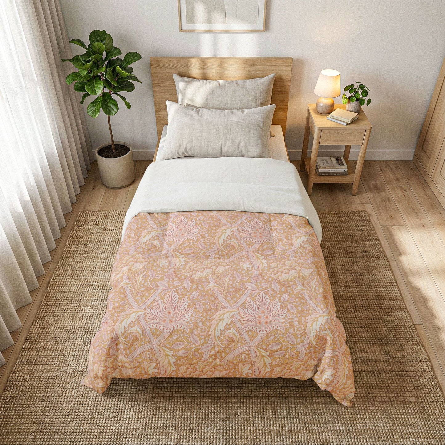 Bedroom with a bed featuring a colorful polka dot comforter, nightstand, and plant.