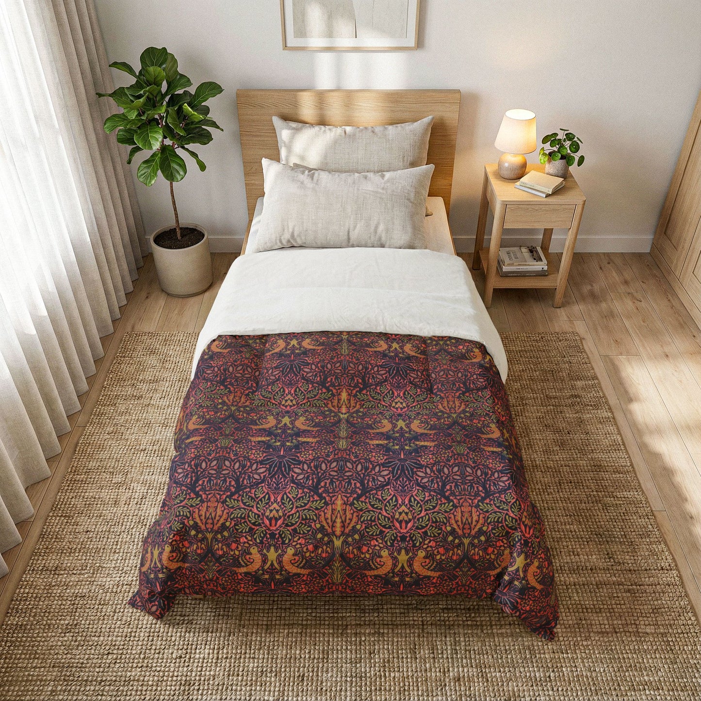 A single bed in a styled bedroom setting, featuring a colorful bohemian-style patterned comforter with red, orange, and purple tones over white bedding. The bed is placed on a woven jute rug next to a wooden nightstand with a lamp and a potted plant.