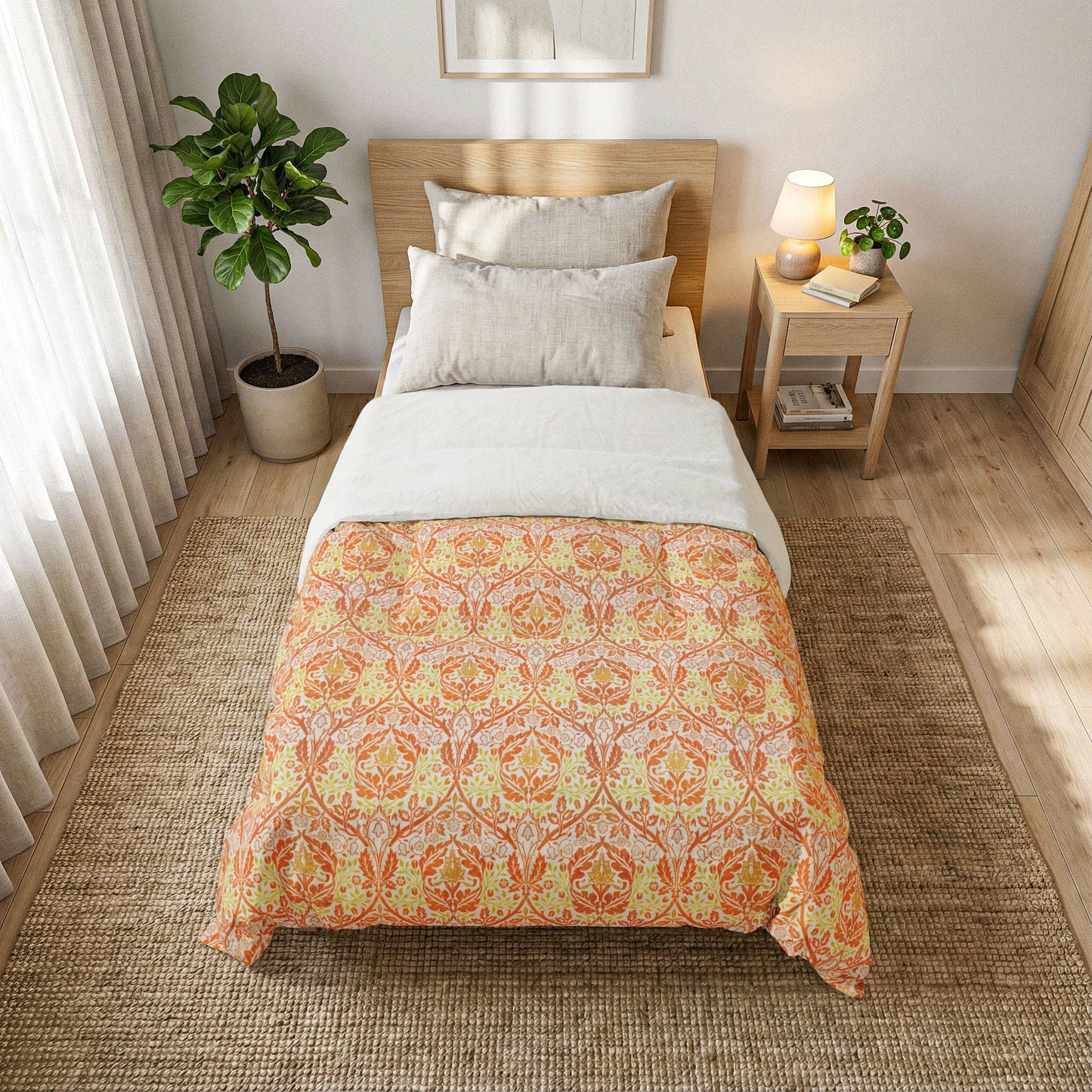 A single bed styled in a bright, modern bedroom, featuring a duvet cover with a warm orange and yellow damask pattern over white bedding. The bed is placed on a textured brown jute rug next to a wooden nightstand with a lit lamp and a potted plant.