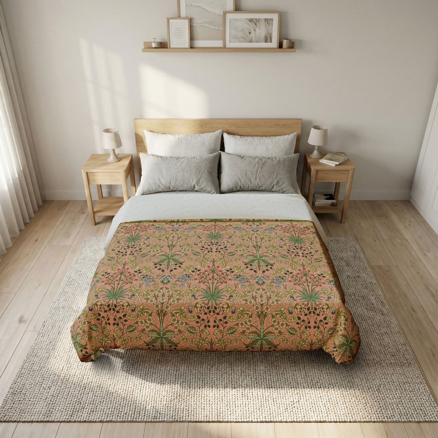 Bed with floral patterned comforter in a bedroom setting