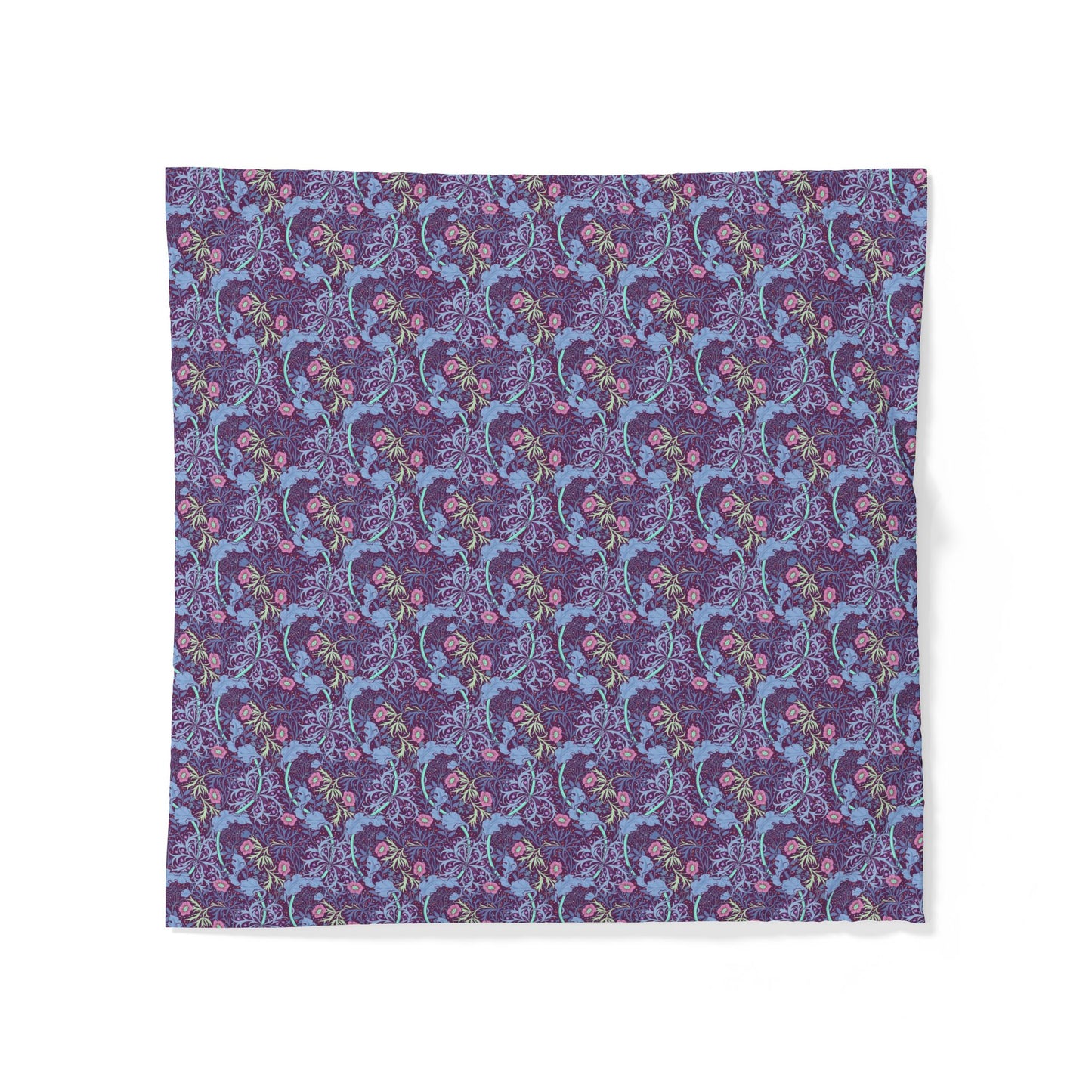 Patterned cotton fabric duvet cover with blue and purple design on a white background