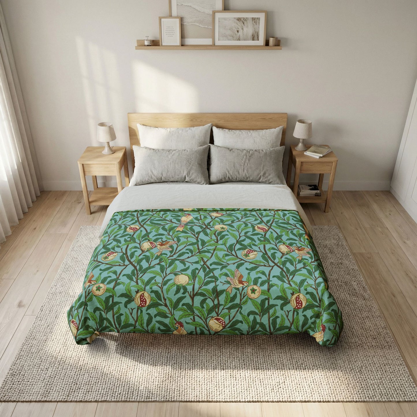 Bed with floral patterned comforter in a bedroom setting