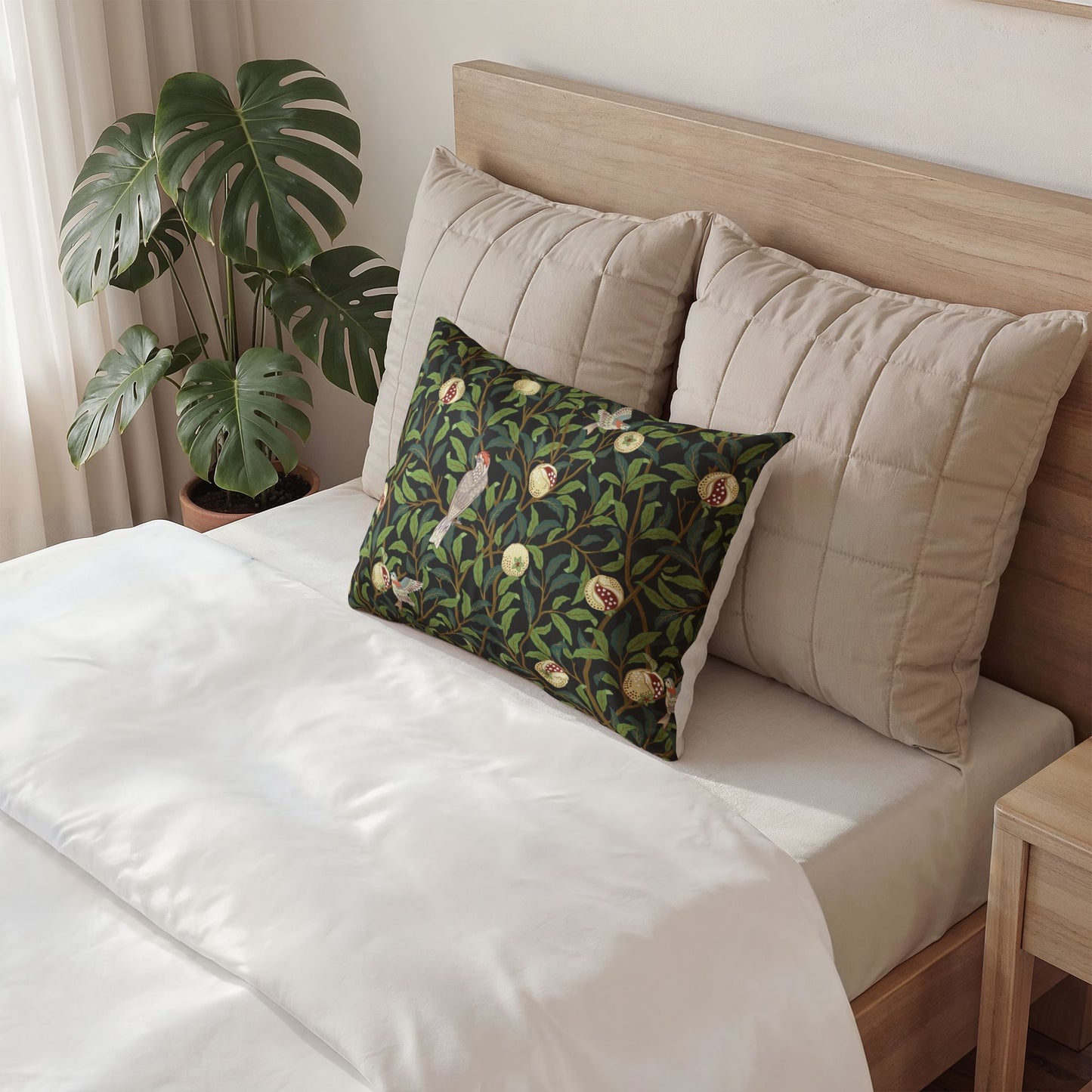 Bed with beige pillows and a decorative green pillow featuring floral patterns, next to a plant.
