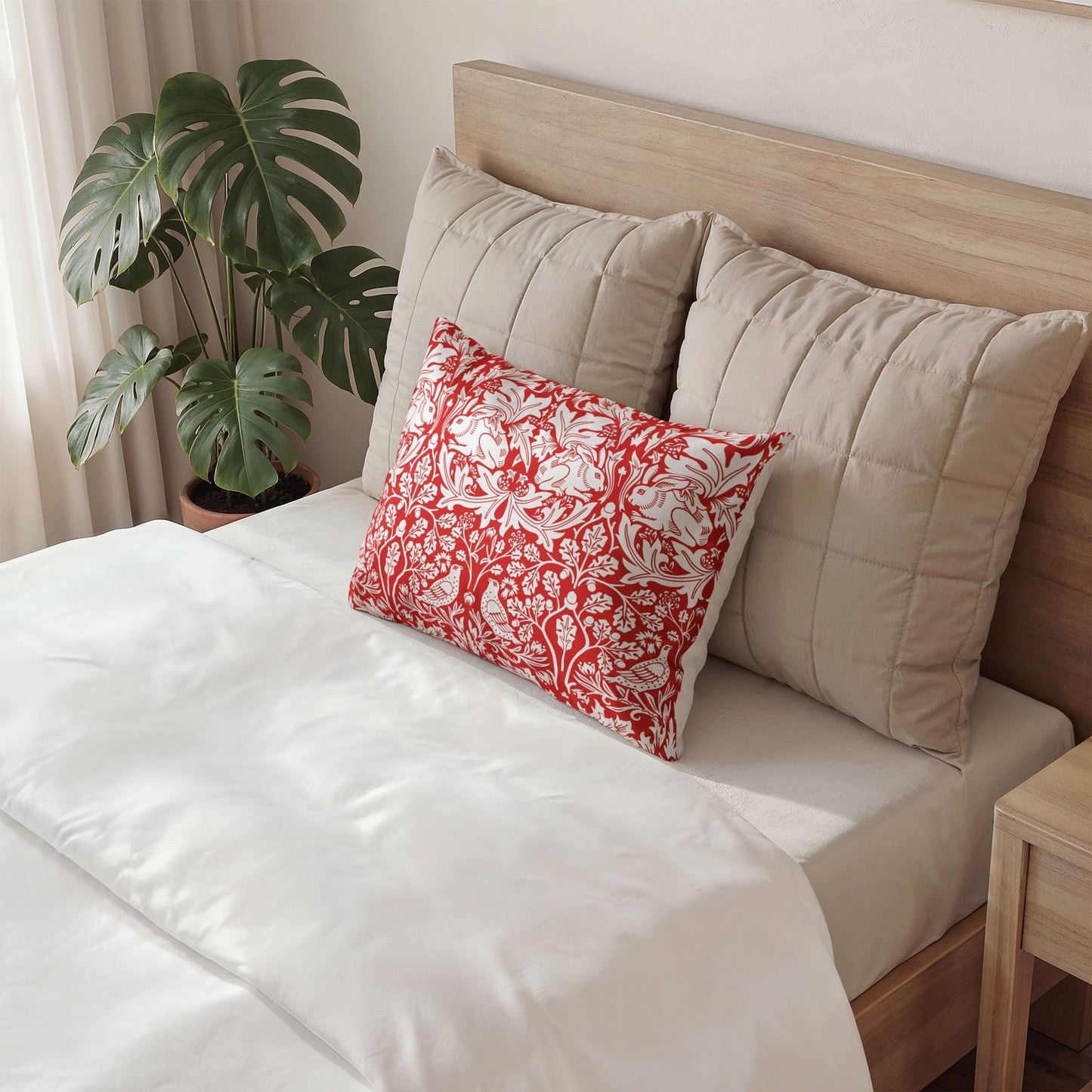 Beige pillows on a bed with a red and white floral pillow, next to a plant.