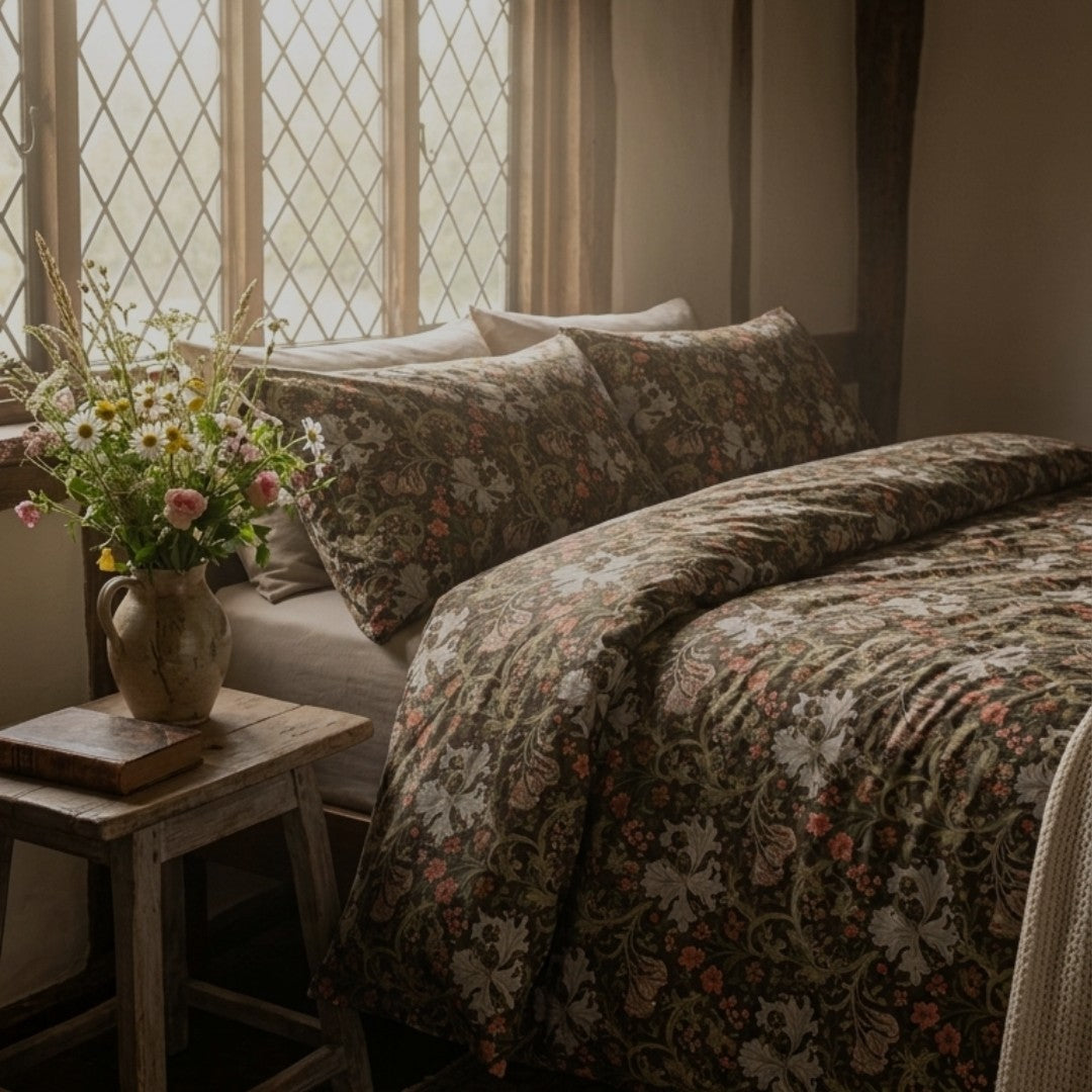 A bed dressed in a vintage-style floral duvet cover and matching pillowcases, styled in a rustic bedroom with a wooden side table holding a vase of flowers and a book near a window.