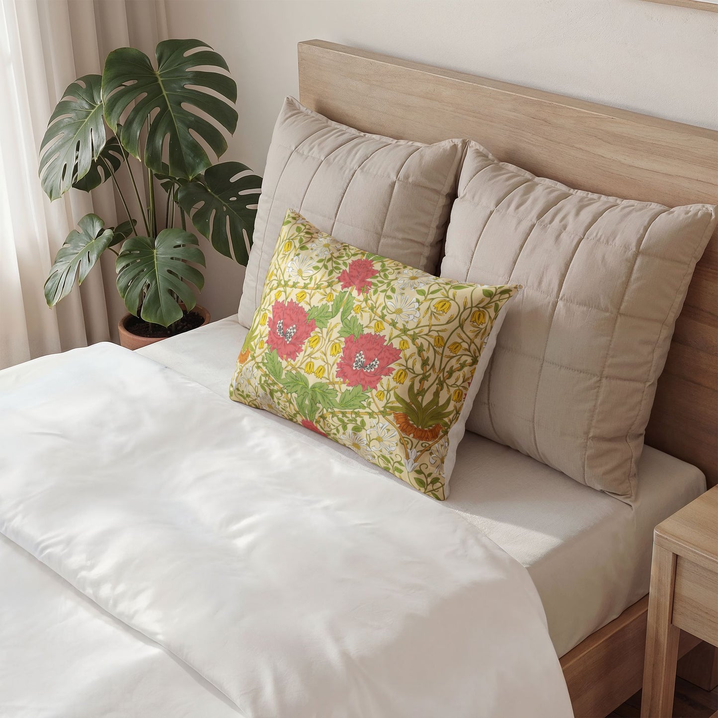 A styled bedroom scene showing a bed with white bedding, two large beige quilted pillows, and a smaller square decorative pillow with a colorful floral and botanical print. A potted monstera plant sits beside the bed, and a light wood headboard and nightstand are visible.
