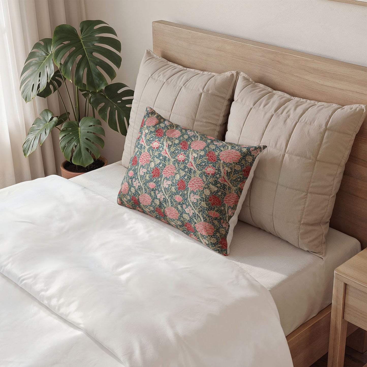 Neatly made bed with decorative pillows and a plant in the background