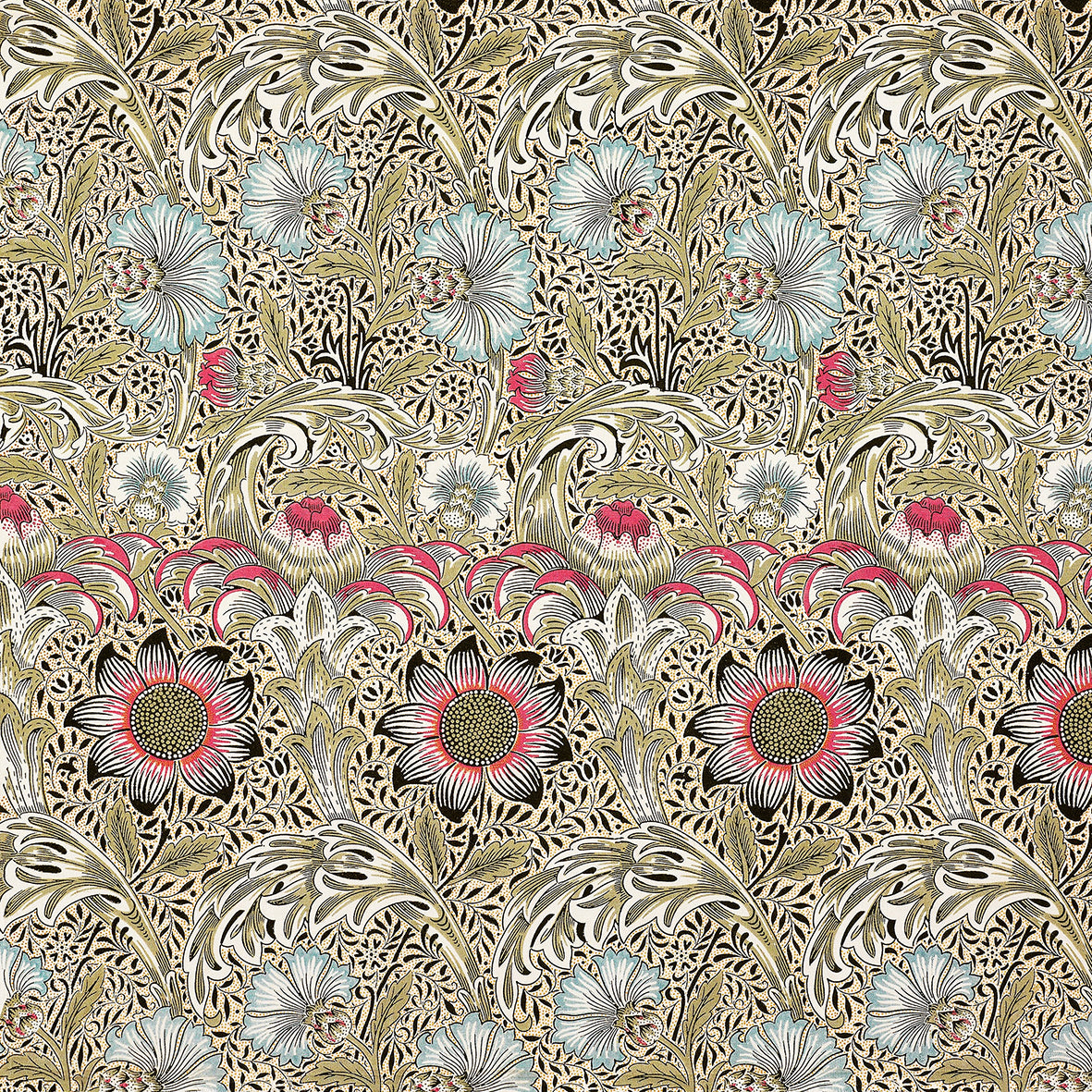 A floral patterned cotton twill napkin inspired by William Morris, displayed on a plate with a piece of floral decor.