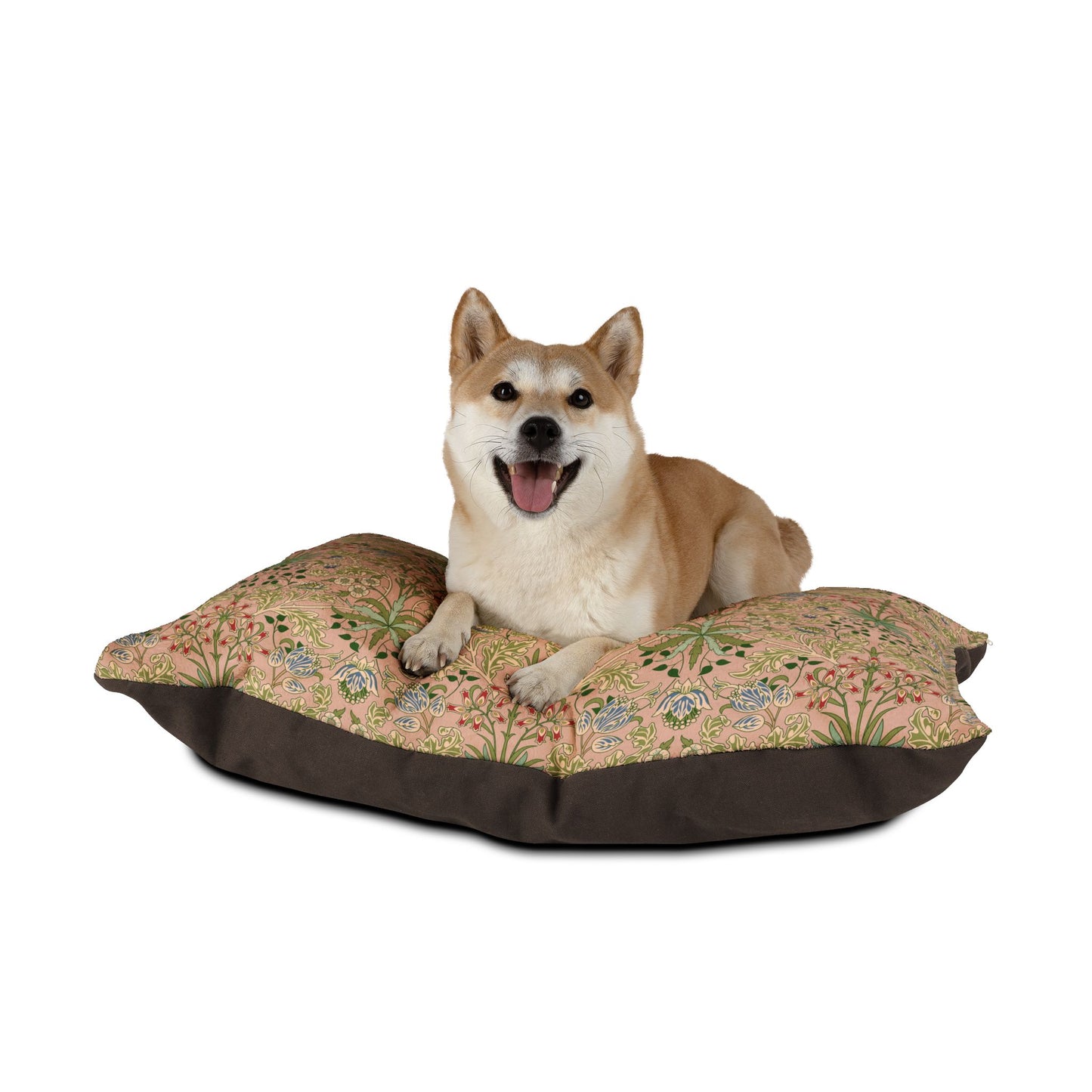 Dog sitting on a floral-patterned pet bed with a white background