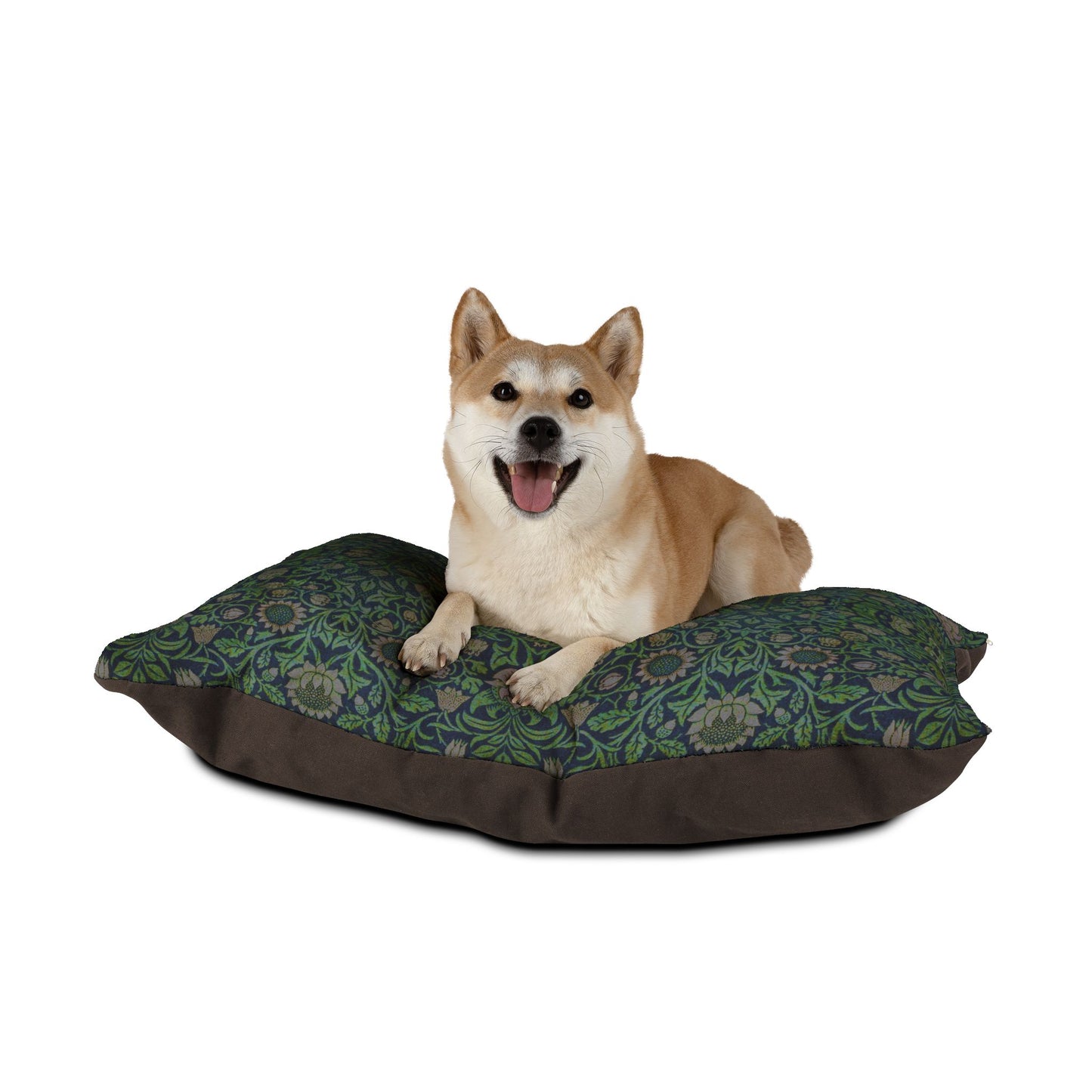 Dog sitting on a William Morris & Co patterned green cushion against a white background