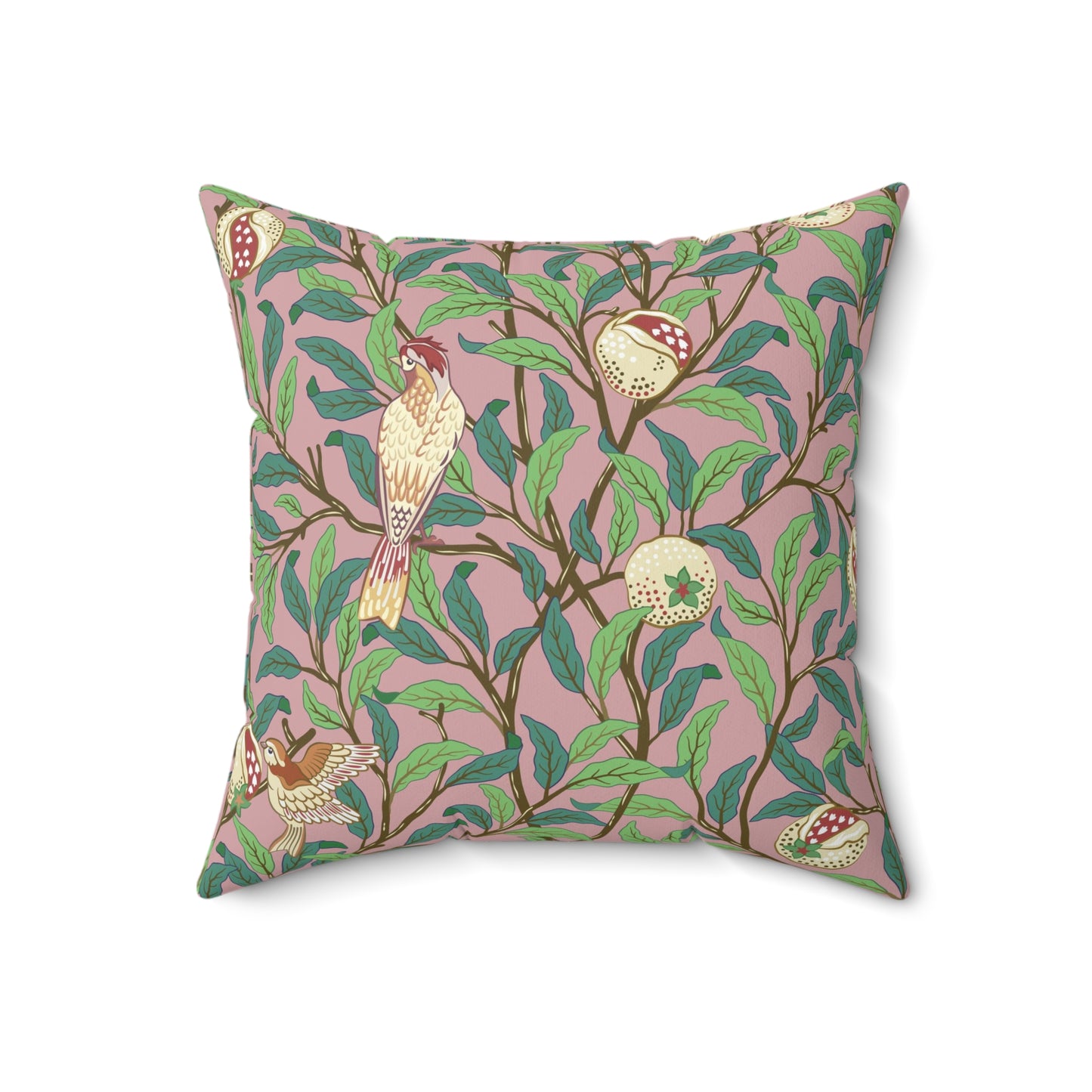 Faux Suede Cushion in a pink, green, brown and red floral pattern by William Morris & Co called Bird and Pomegranate Collection (Rosella)