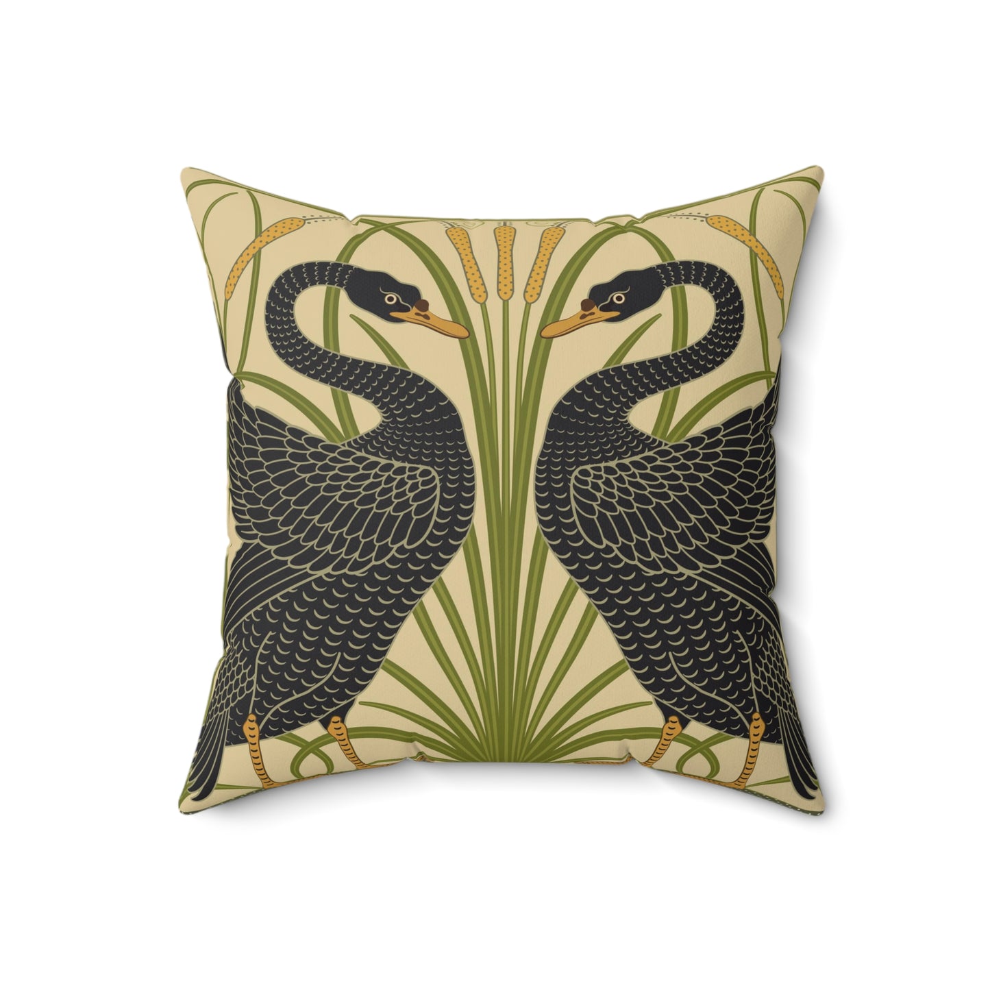 A square-shaped throw pillow with a double-sided print featuring black swans on a beige background with green leaf William Morris & Co patterns.