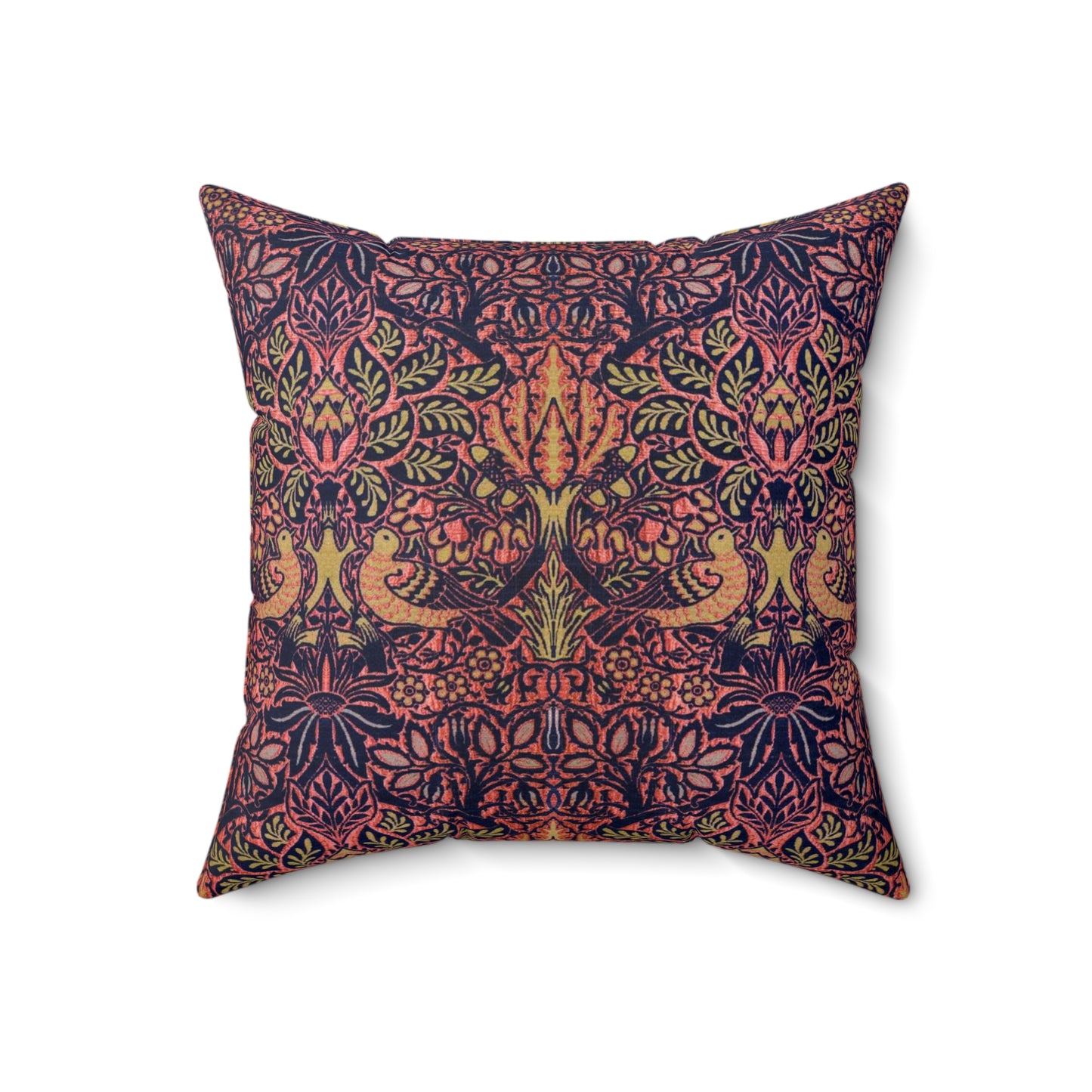 Faux Suede Cushion in a pattern by William Morris & Co called Dove and Rose Collection with orange, pink and purple