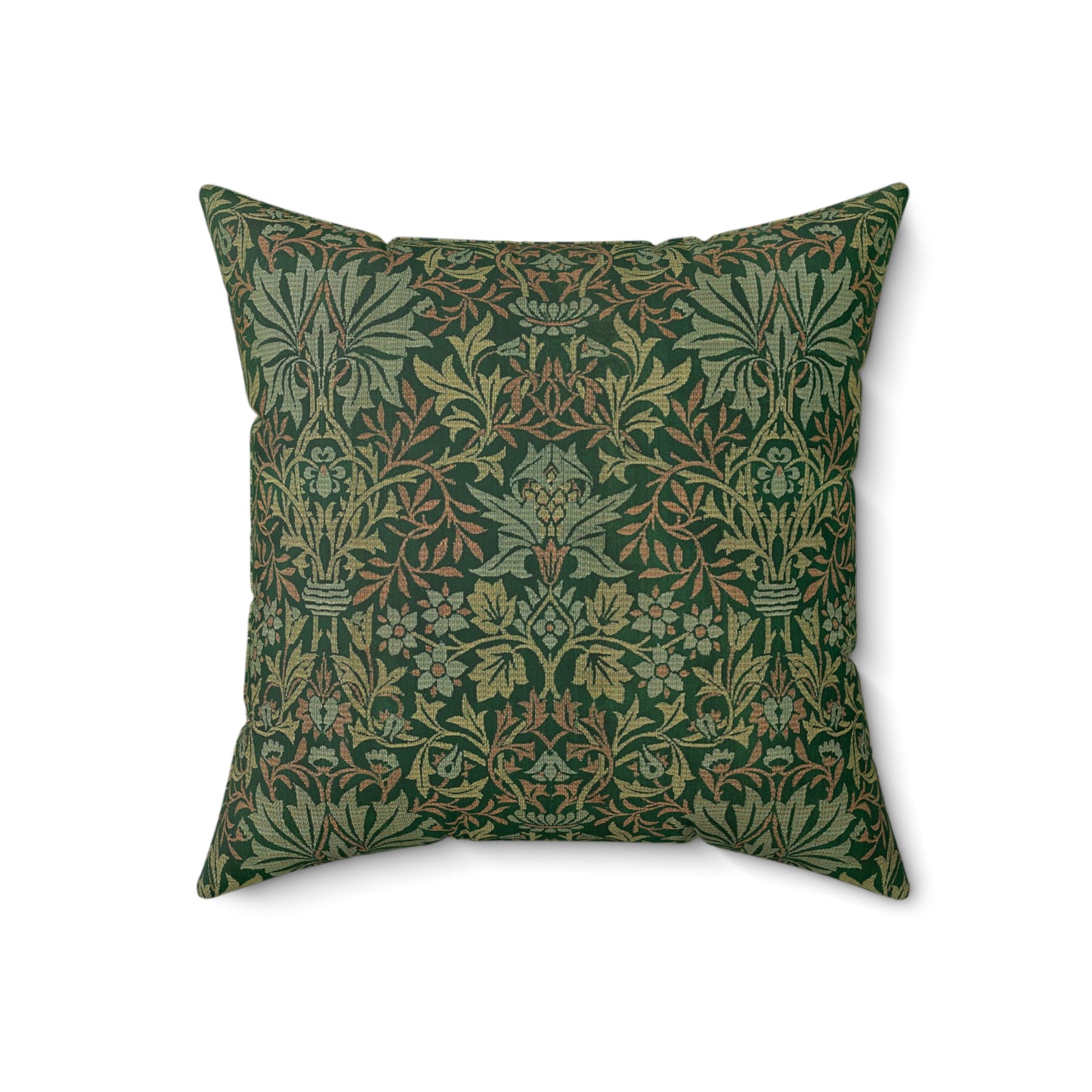 A square-shaped cushion with a floral William Morris & Co pattern in green faux suede fabric.