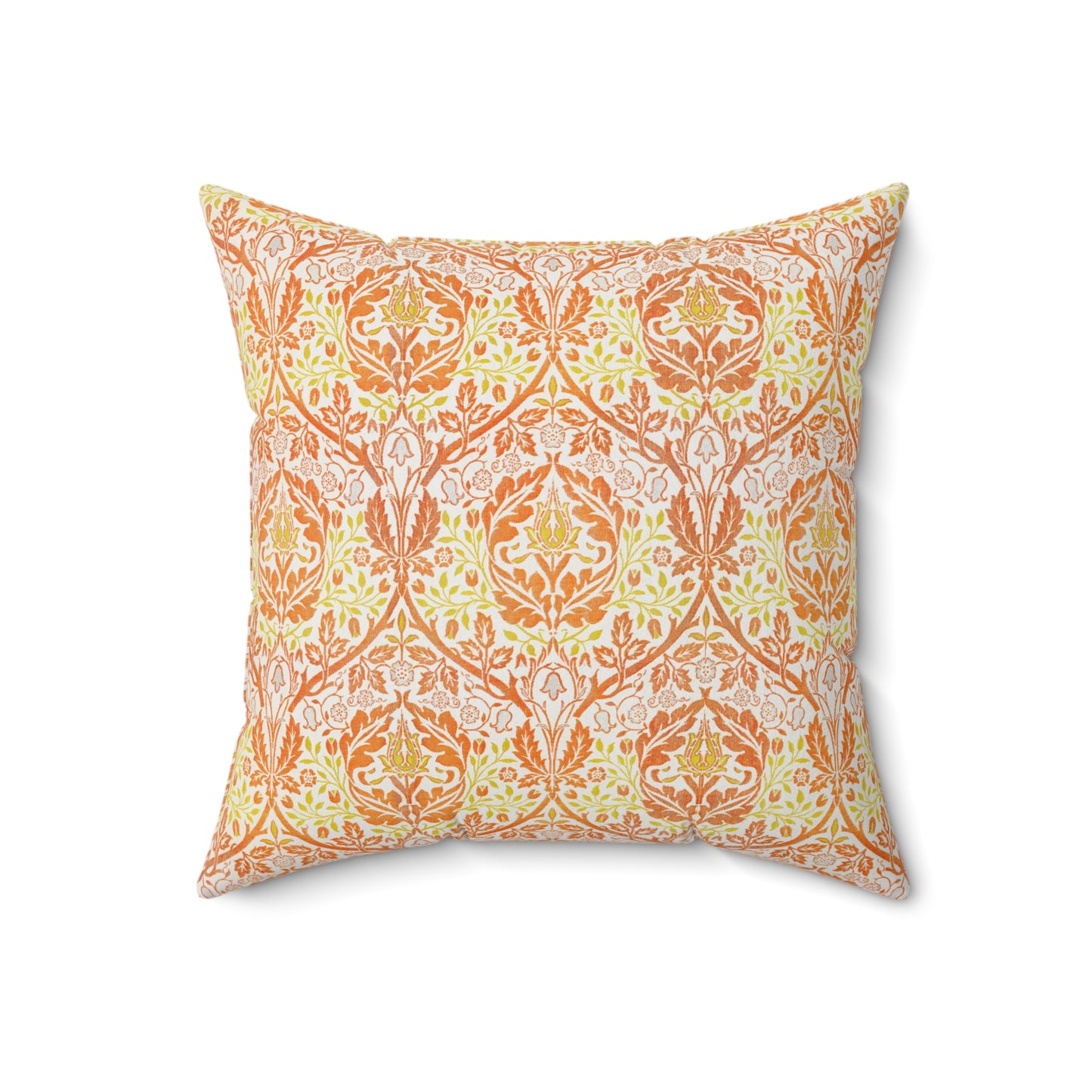 A square-shaped cushion with a geometric William Morris & Co pattern featuring orange and yellow hues on a white background.