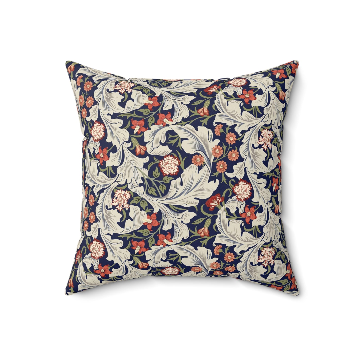 A square-shaped cushion with a William Morris & Co floral pattern called Leicester featuring red, blue and green colours on a white background.