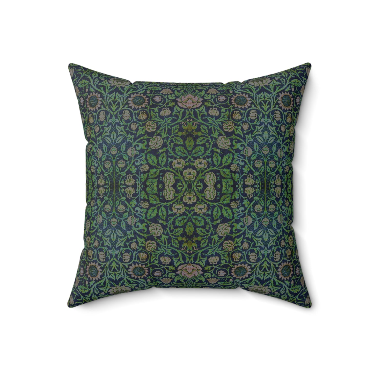 A square-shaped green faux suede cushion with a William Morris & Co floral pattern and a concealed zipper.