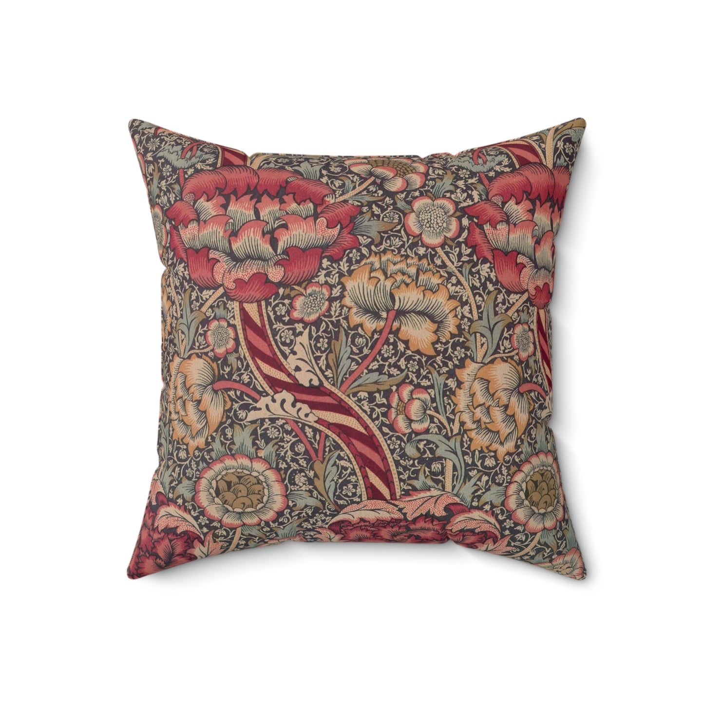 A square-shaped cushion with a floral William Morris & Co pattern called Wandle in red, beige, and darker shades of red on a darker background.