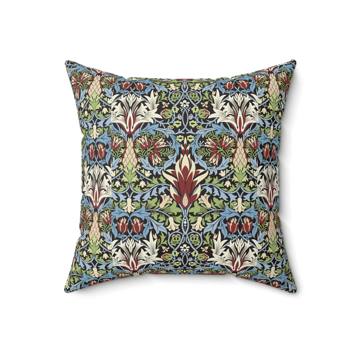 Faux Suede Cushion in a red, blue and green floral pattern by William Morris called Snakeshead Collection