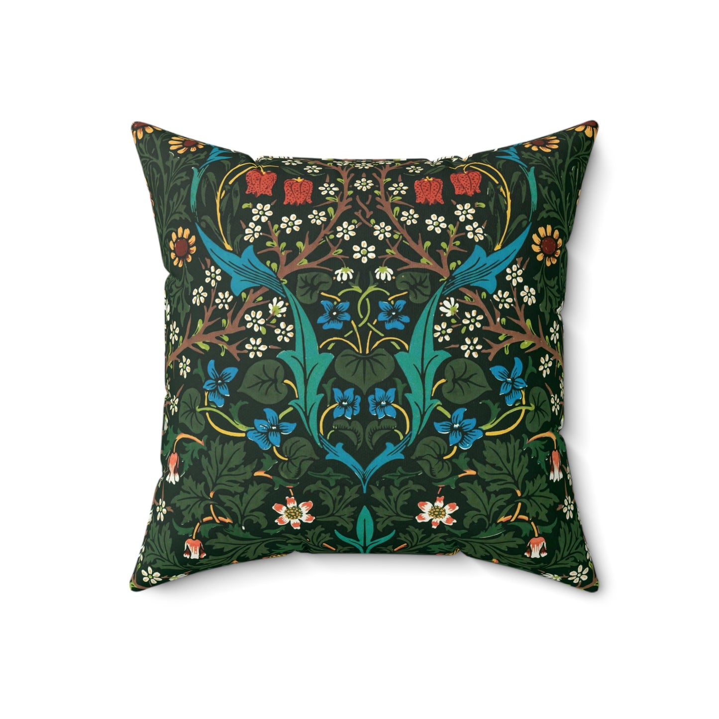 Faux Suede Cushion in a green, white, red and blue floral pattern by William Morris & Co called Tulip Collection