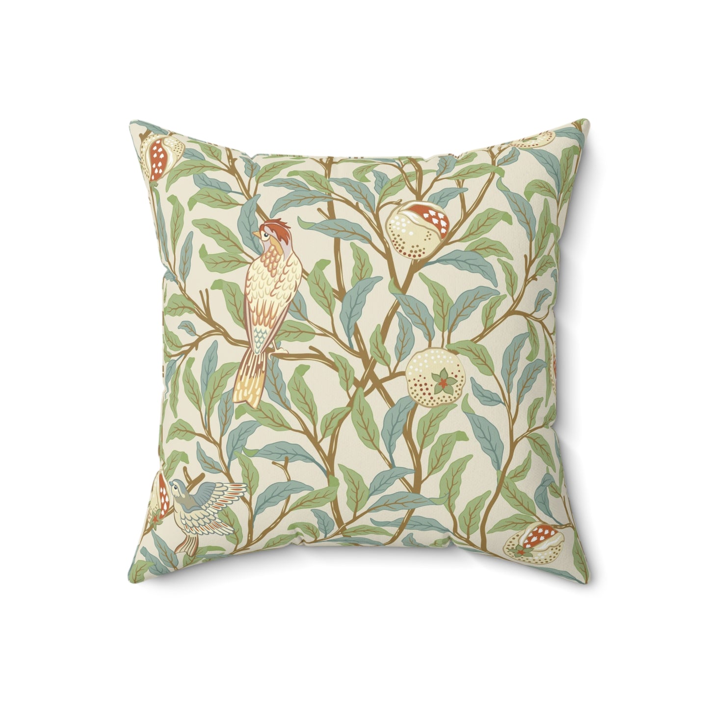 A square-shaped cushion with an all-over William Morris & Co print featuring birds and pomegranate fruits on a beige background.