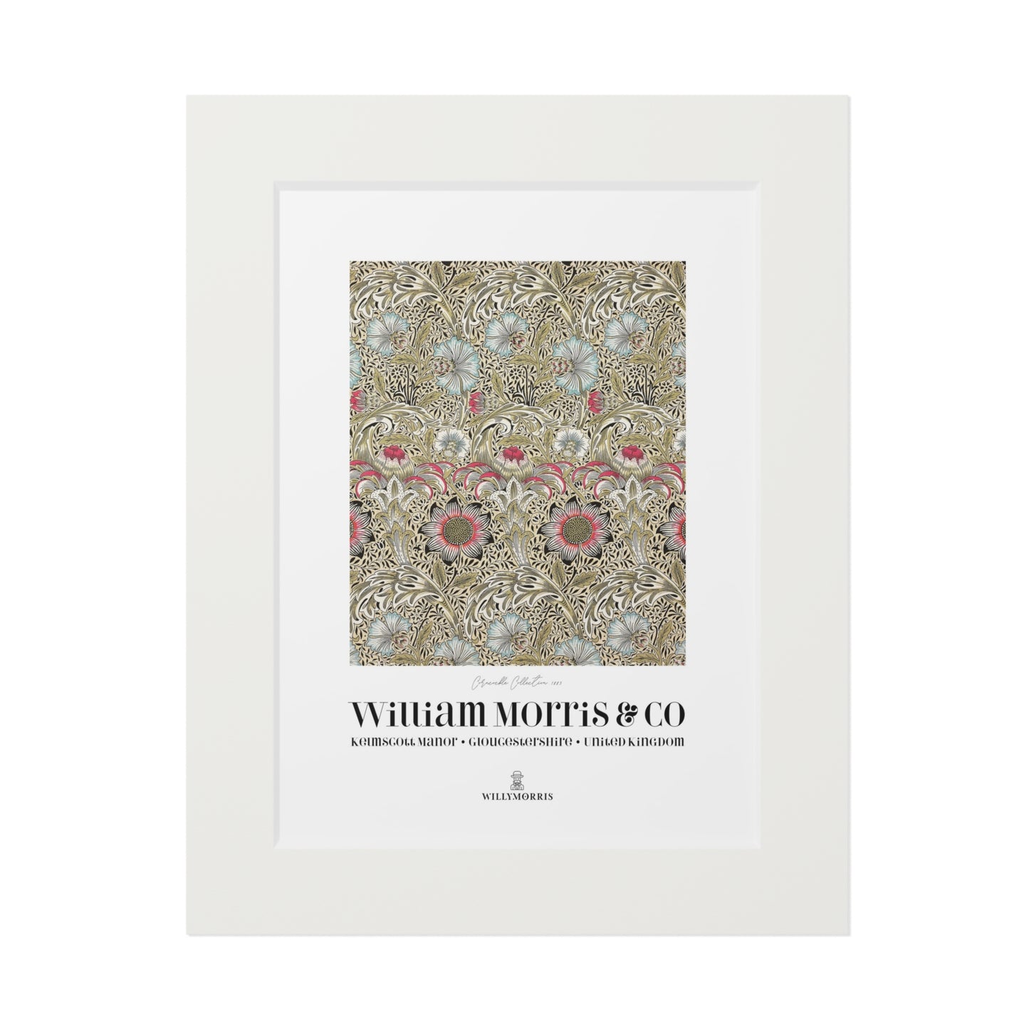 Framed decorative print with intricate pattern and 'William Morris & Co' branding.