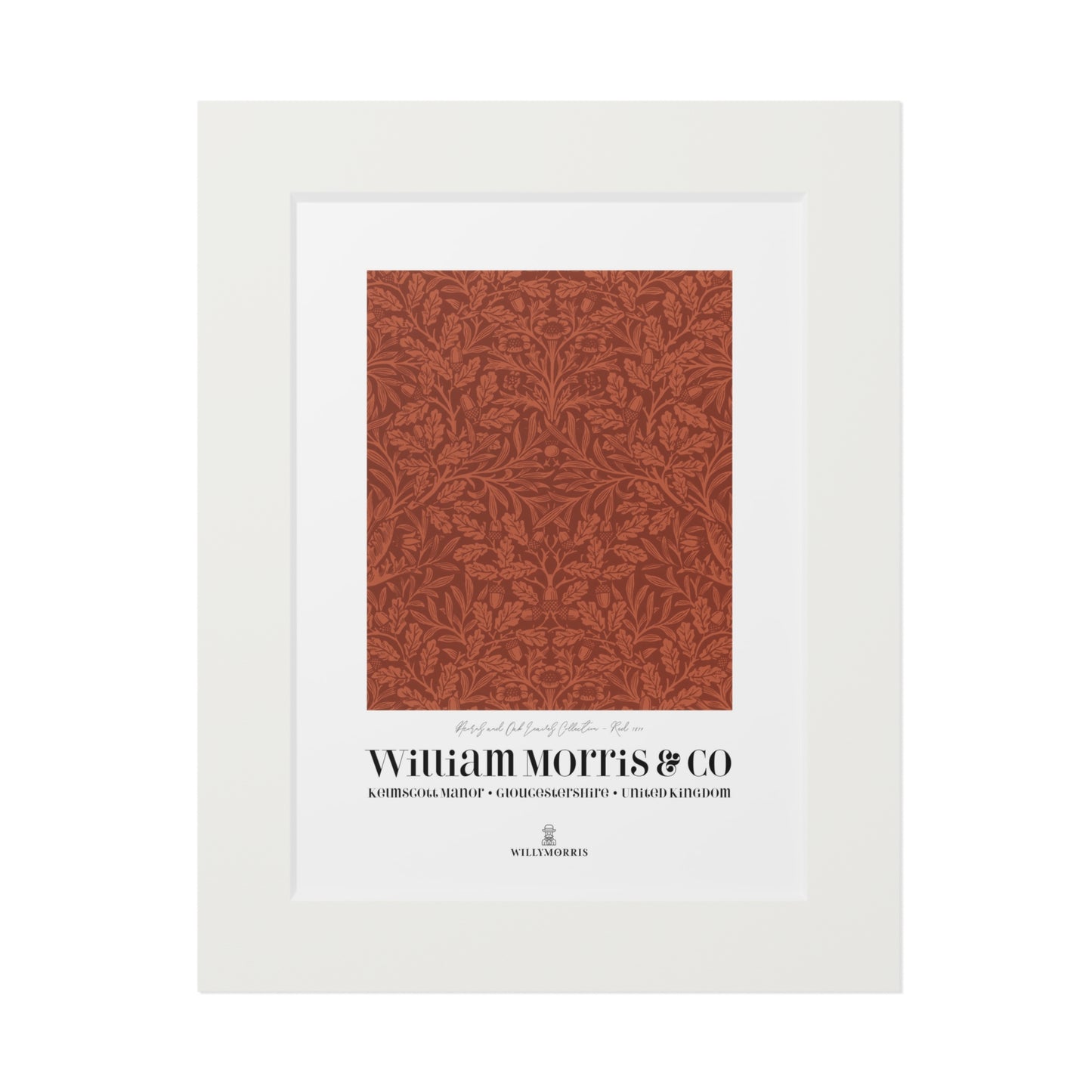 Framed artwork with a red pattern and 'William Morris & Co' branding on a white background