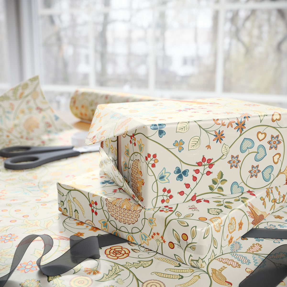 Gift box wrapped in floral paper with scissors on a light background